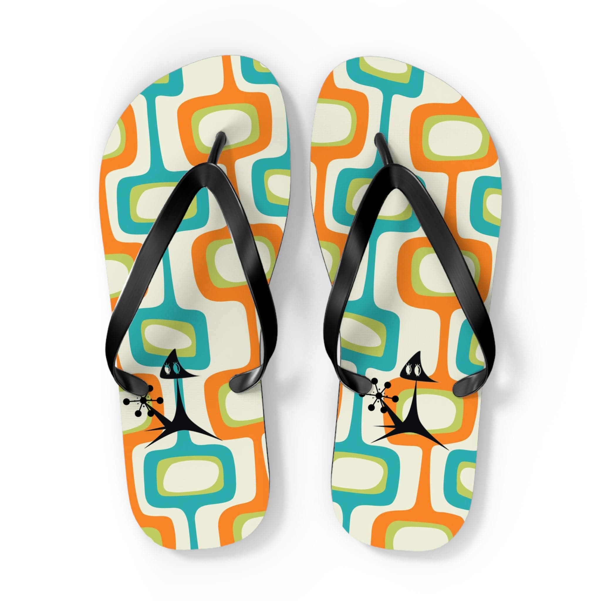 Mid Mod, Summer Retro Geometric, Atomic Kittie, Fun Funky Flip Flops Shoes