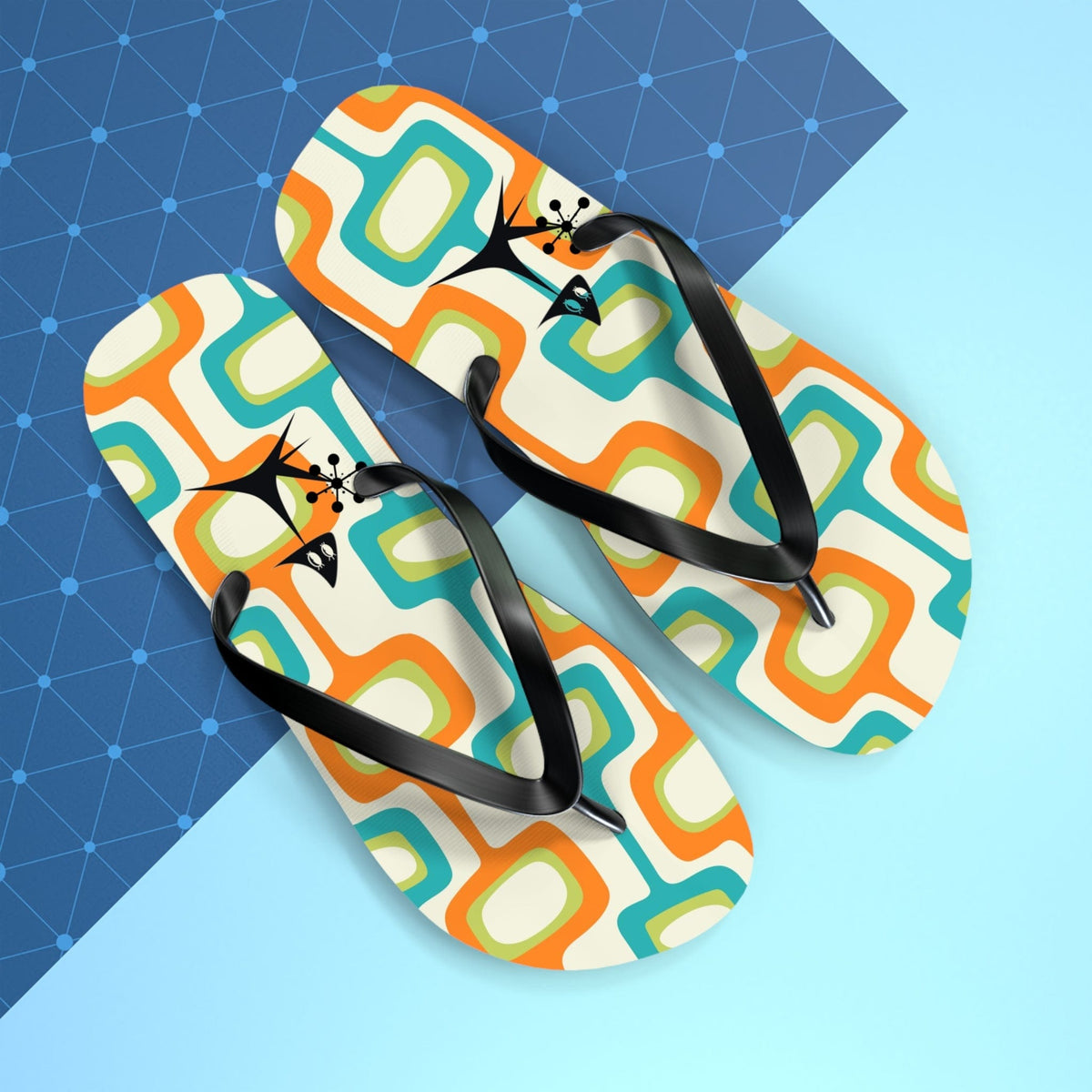Mid Mod, Summer Retro Geometric, Atomic Kittie, Fun Funky Flip Flops Shoes