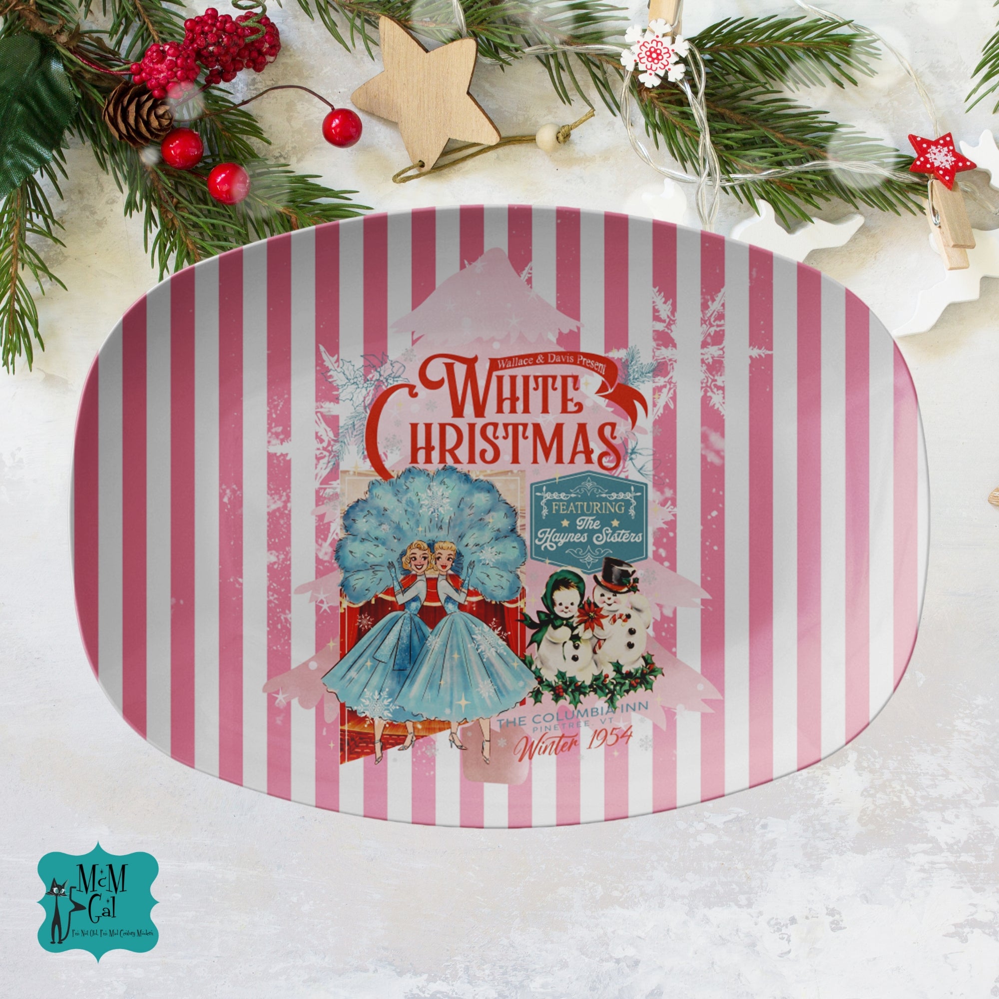 Sister Sister, White Christmas Wallace And Davis Holiday Kitsch Platter - Mid Century Modern Gal