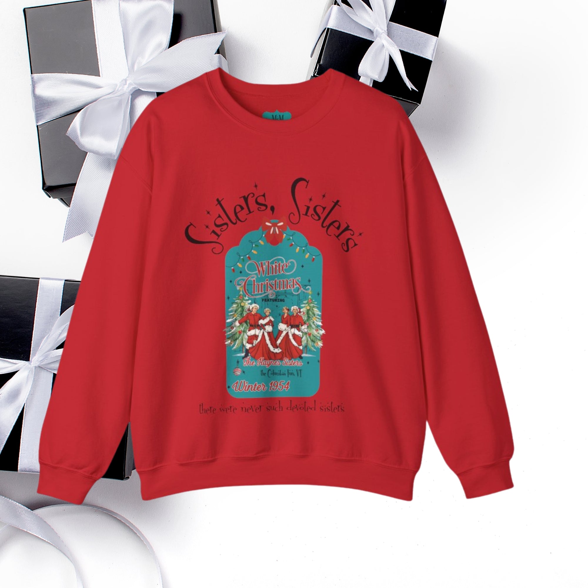 Wallace And Davis Retro Christmas Sweatshirt, Cozy Unisex Holiday Sisters Sisters Matching Sweaters - Mid Century Modern Gal