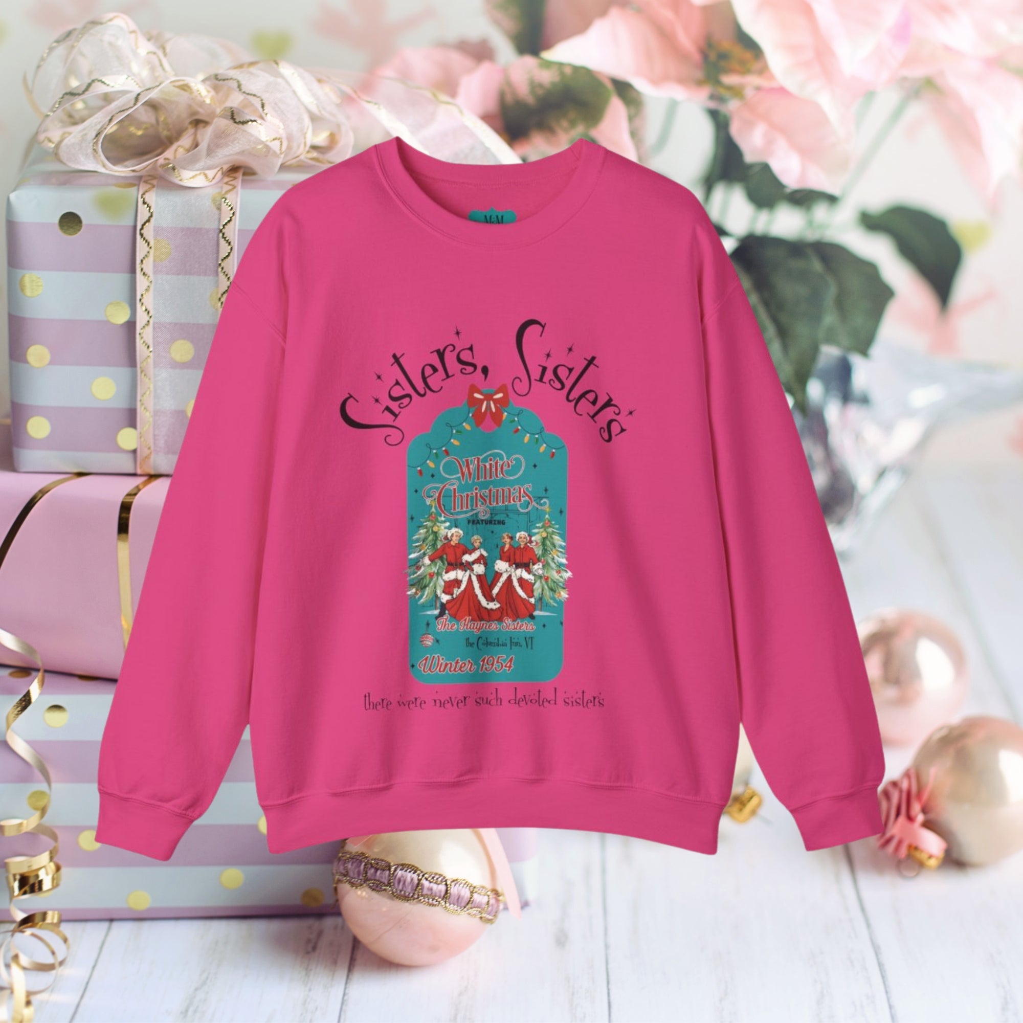 Wallace And Davis Retro Christmas Sweatshirt, Cozy Unisex Holiday Sisters Sisters Matching Sweaters - Mid Century Modern Gal