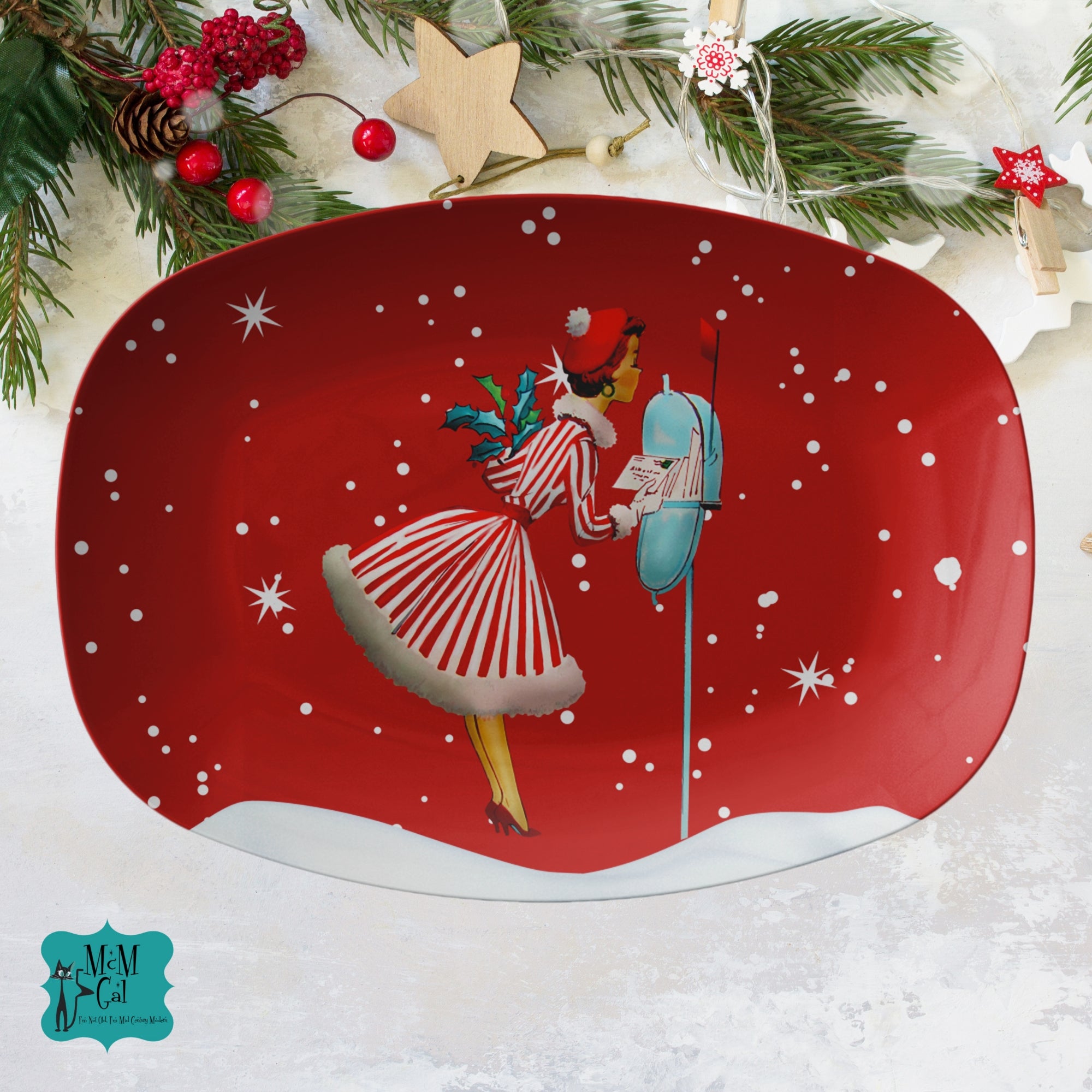 Holiday Kitschy Christmas Platter, Mid Century Modern Retro Vintage Red Christmas Table Setting - Mid Century Modern Gal