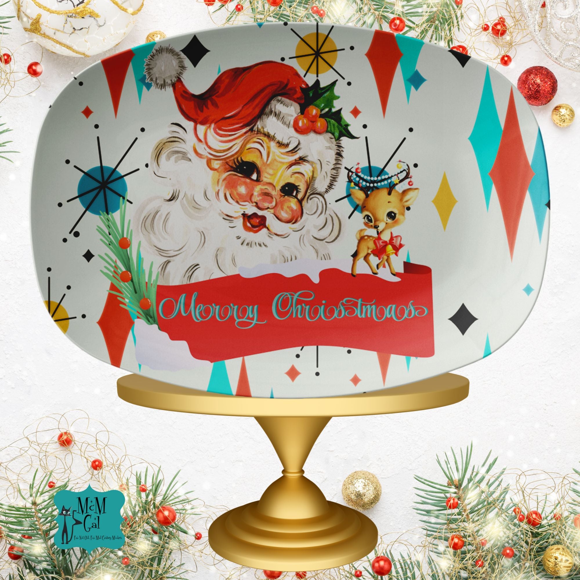 Vintage Smiling Santa, Reindeer Merry Christmas Retro Christmas Franciscan Starbust Platter - Mid Century Modern Gal