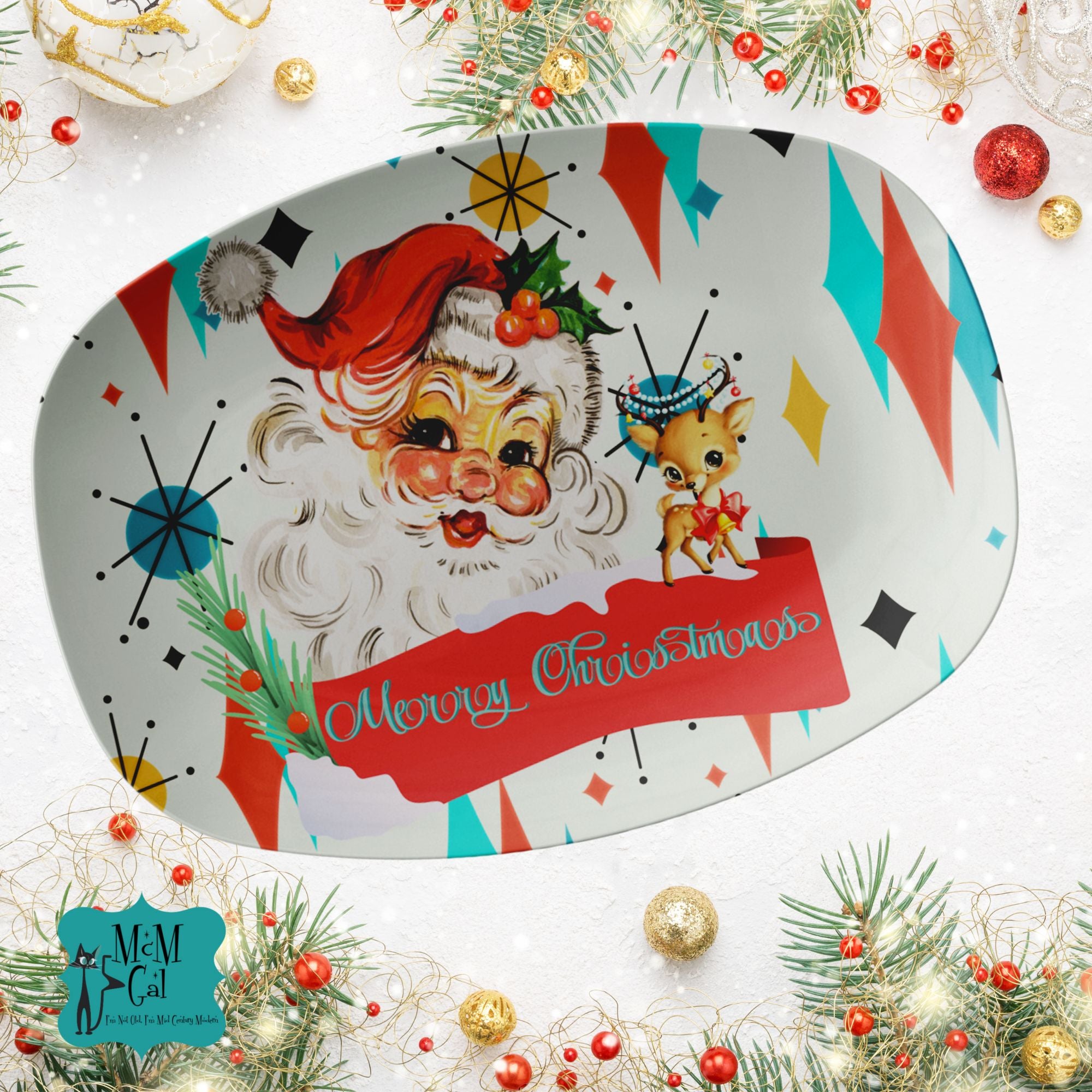 Vintage Smiling Santa, Reindeer Merry Christmas Retro Christmas Franciscan Starbust Platter - Mid Century Modern Gal
