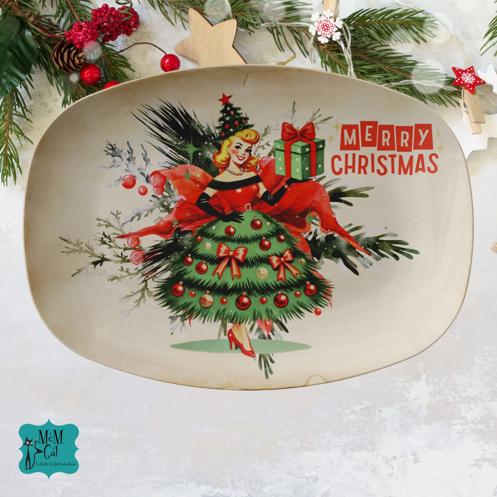 Vintage Holiday 50s Card, Mid Century Modern Kitschy 50s Gal, Merry Christmas Party Platter - Mid Century Modern Gal