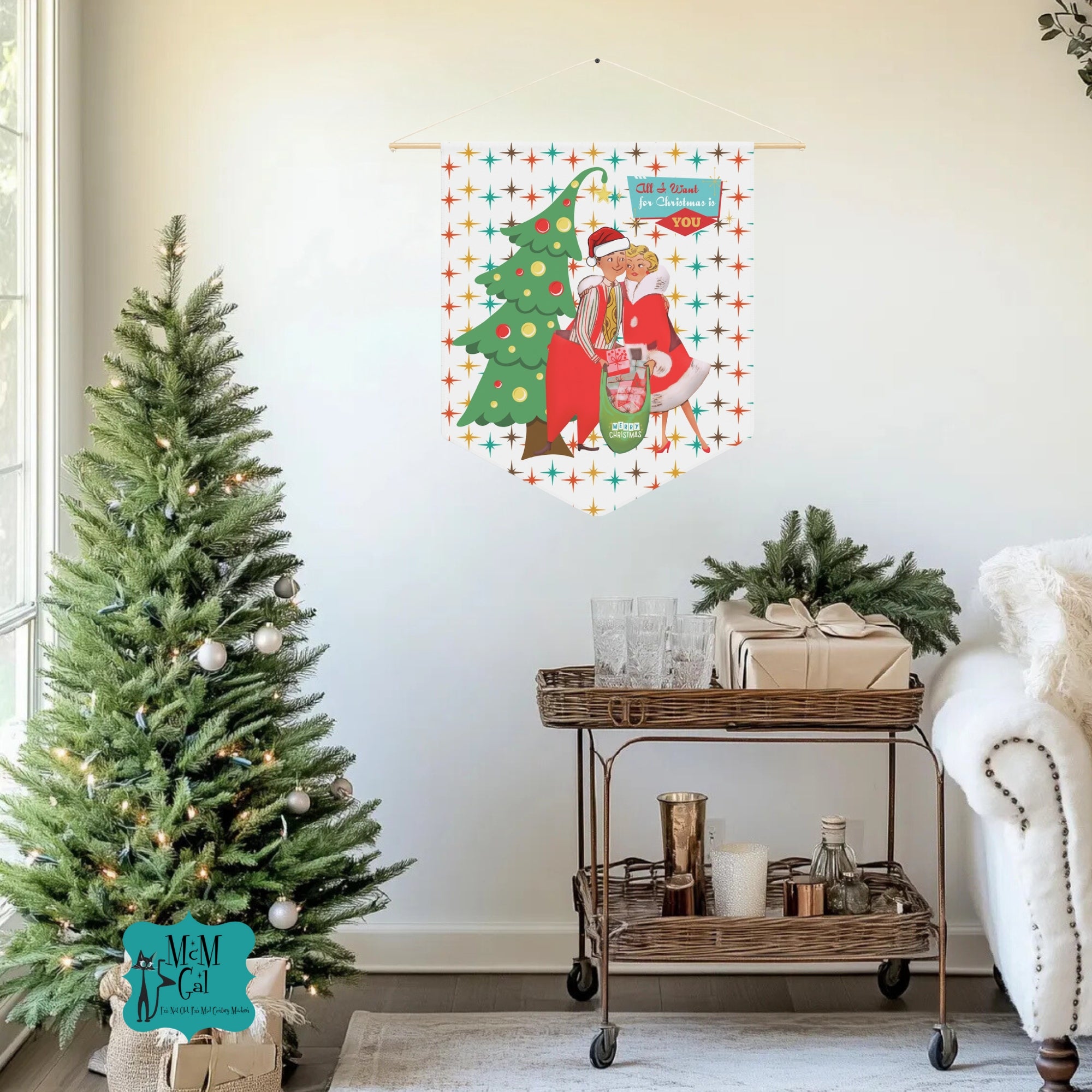 Vintage Christmas Pennant - "All I Want for Christmas is You" Wall Art Decoration - Mid Century Modern Gal