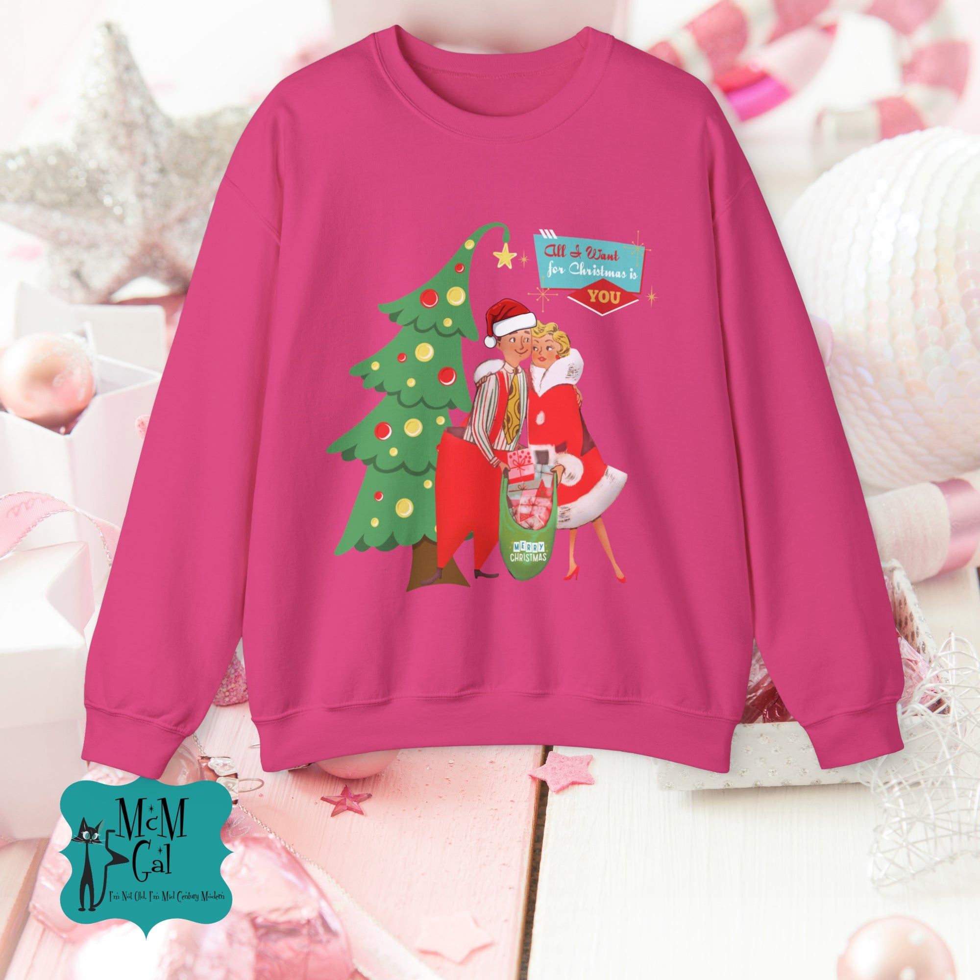 Retro Christmas Couples Sweatshirt, Perfect for Holiday Parties, Gift for Him/Her, Vintage Style, Cozy Crewneck - Mid Century Modern Gal