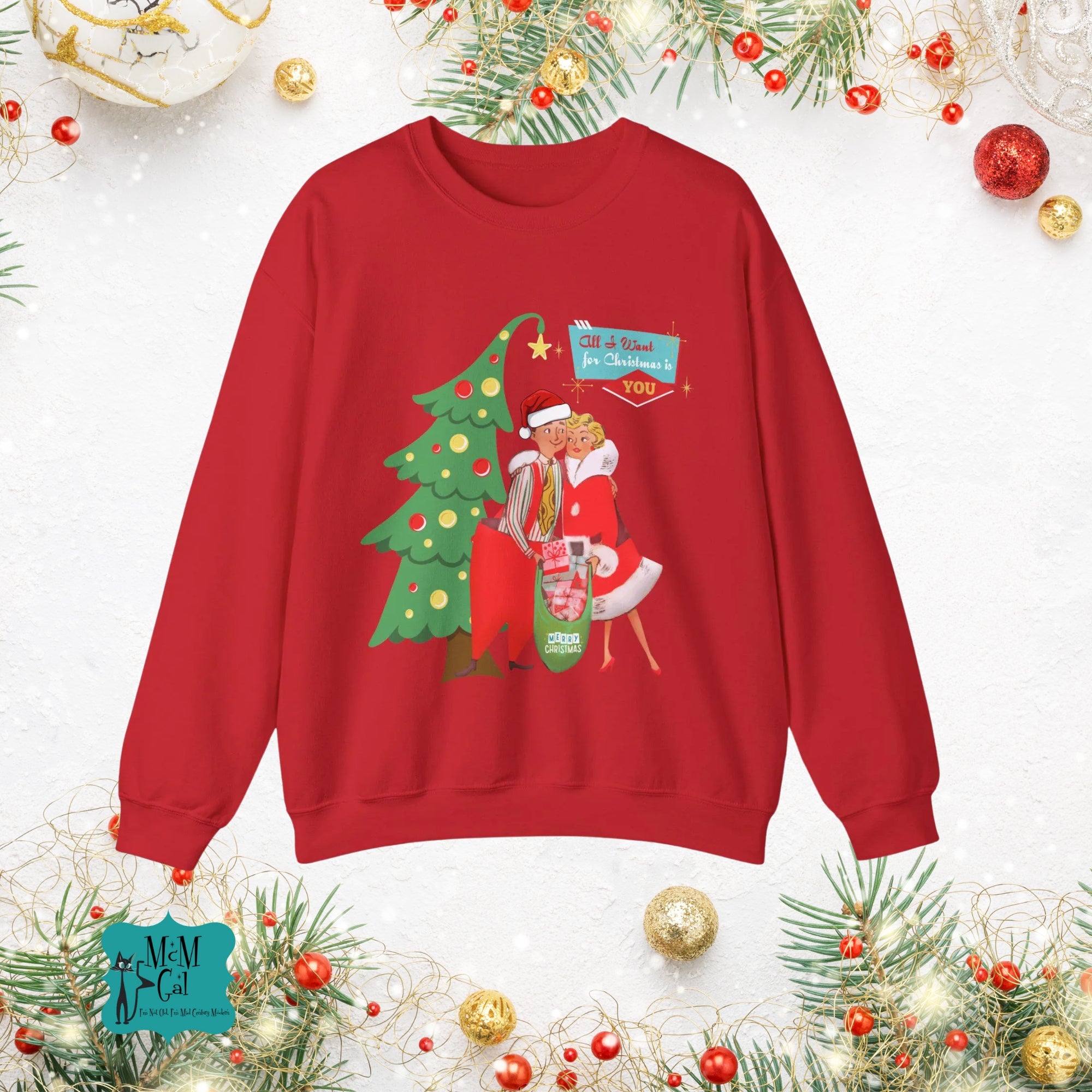 Retro Christmas Couples Sweatshirt, Perfect for Holiday Parties, Gift for Him/Her, Vintage Style, Cozy Crewneck - Mid Century Modern Gal