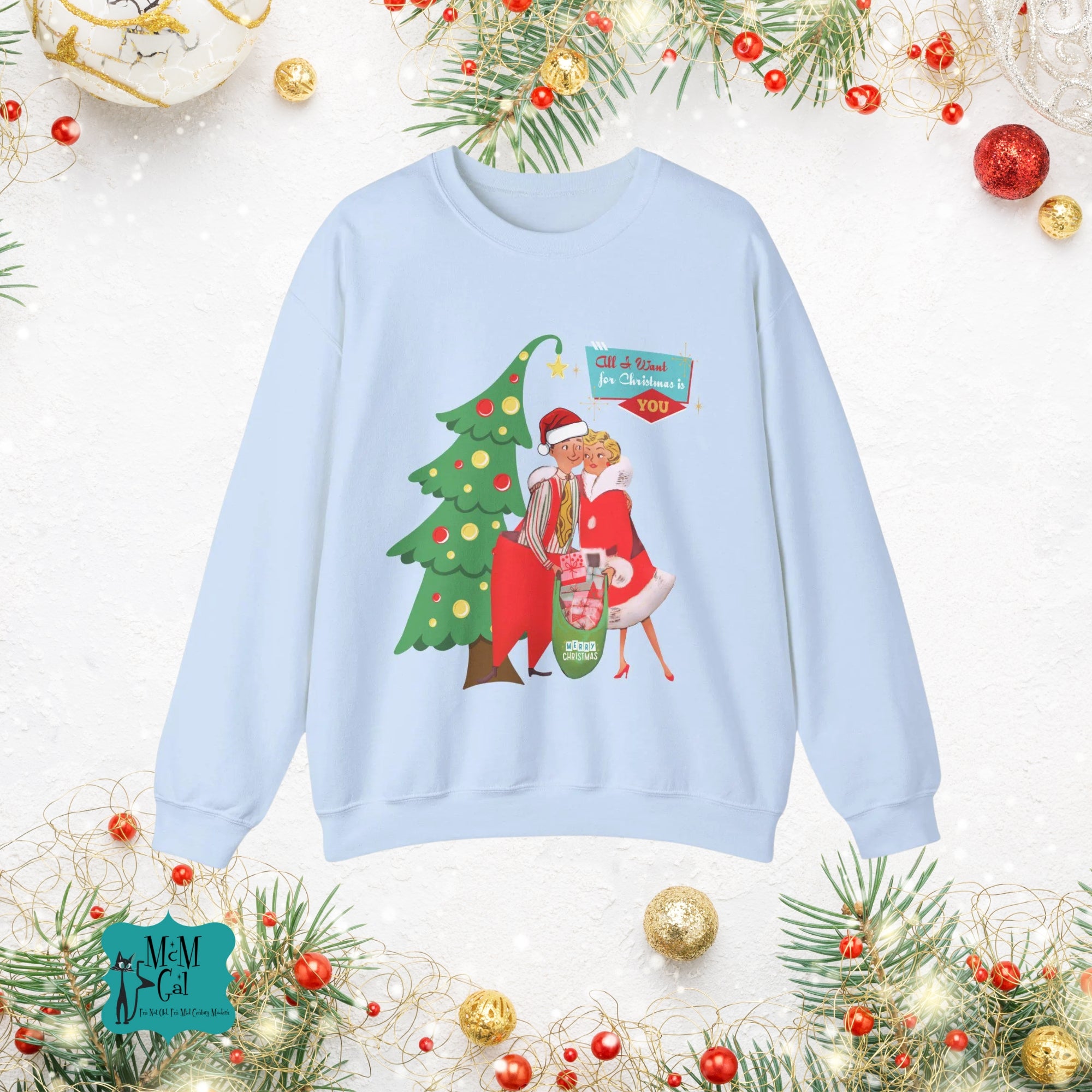 Retro Christmas Couples Sweatshirt, Perfect for Holiday Parties, Gift for Him/Her, Vintage Style, Cozy Crewneck - Mid Century Modern Gal