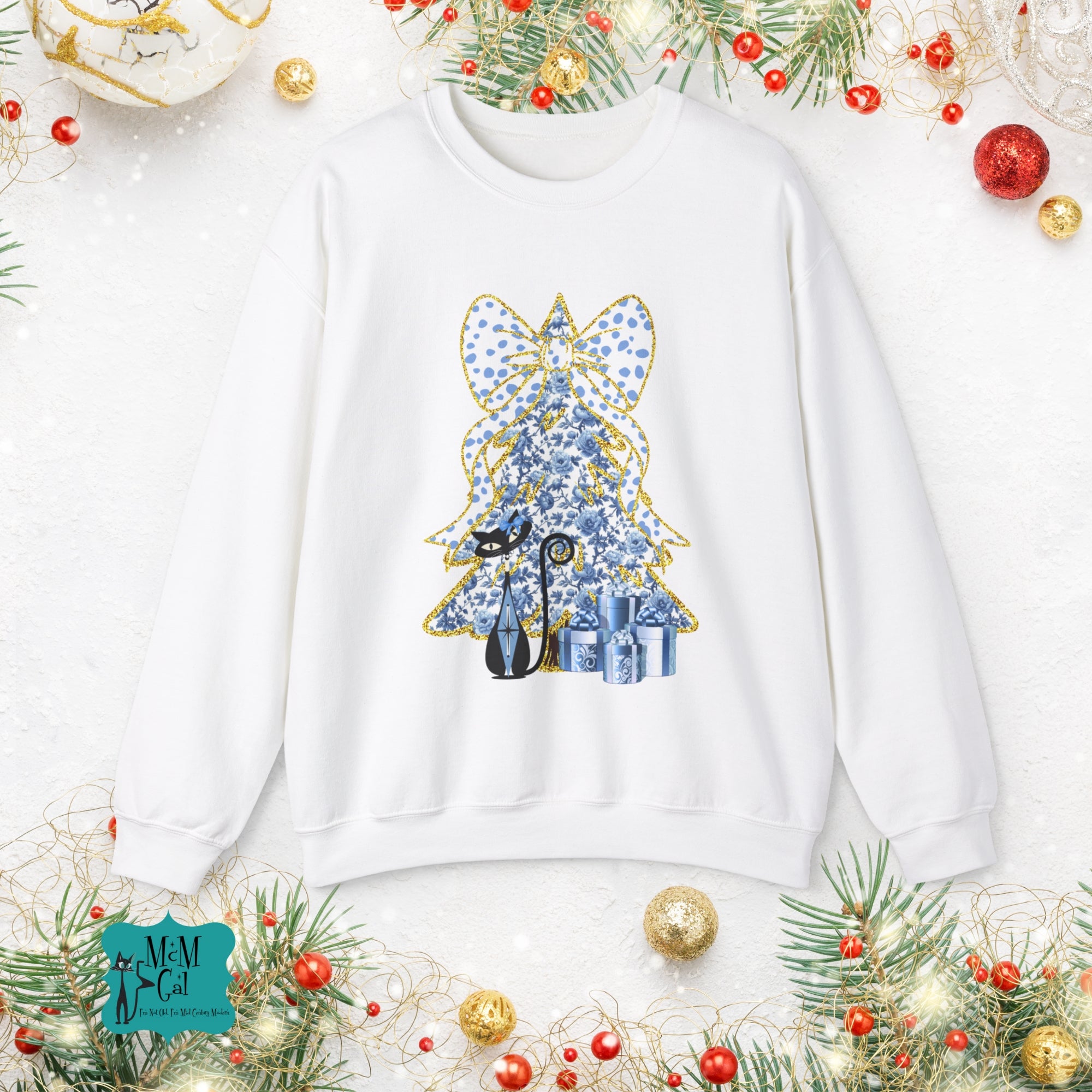 Festive Cat Christmas Crewneck Sweatshirt - Holiday Gift for Cat Lovers - Mid Century Modern Gal