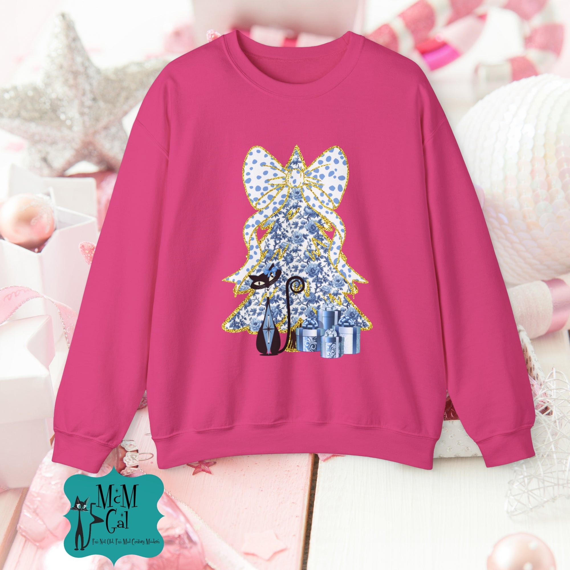 Festive Cat Christmas Crewneck Sweatshirt - Holiday Gift for Cat Lovers - Mid Century Modern Gal