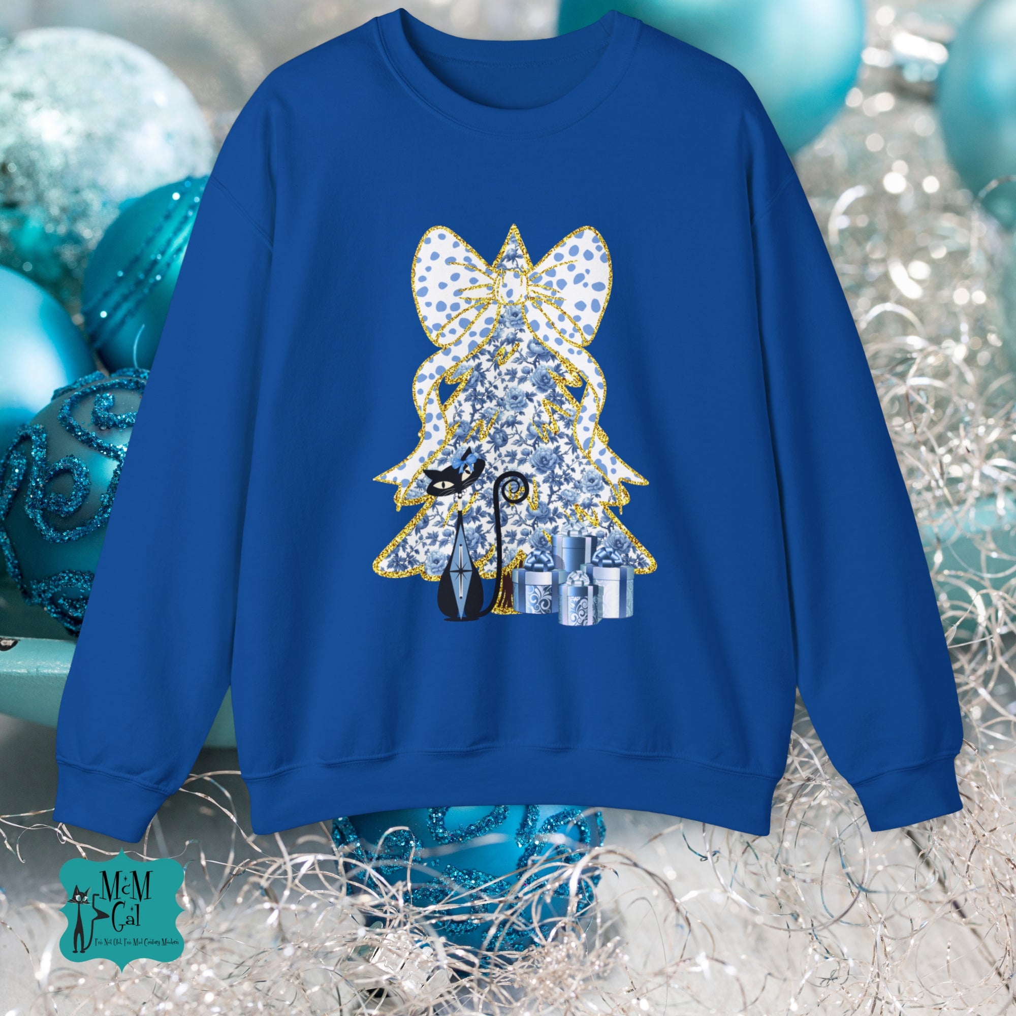 Festive Cat Christmas Crewneck Sweatshirt - Holiday Gift for Cat Lovers - Mid Century Modern Gal