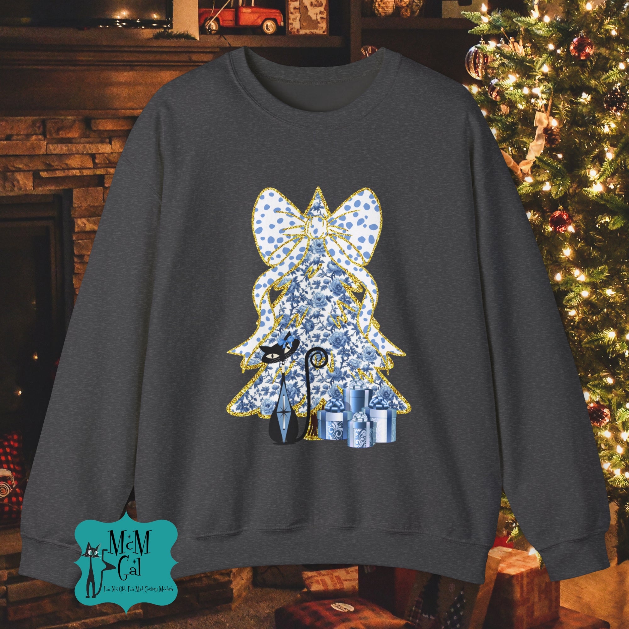 Festive Cat Christmas Crewneck Sweatshirt - Holiday Gift for Cat Lovers - Mid Century Modern Gal