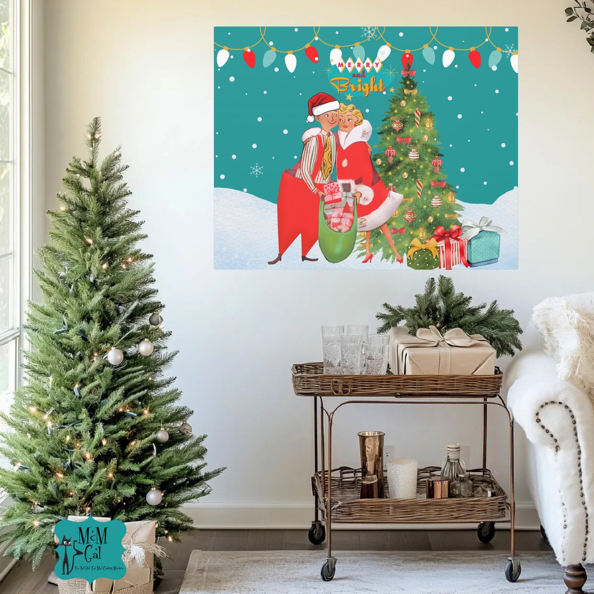 Christmas Mantel Art, Retro Vintage 50s Kitschy Mod Couple Festive Holiday, Whimsical Christmas Wall Decor, Merry & Bright Decor - Mid Century Modern Gal