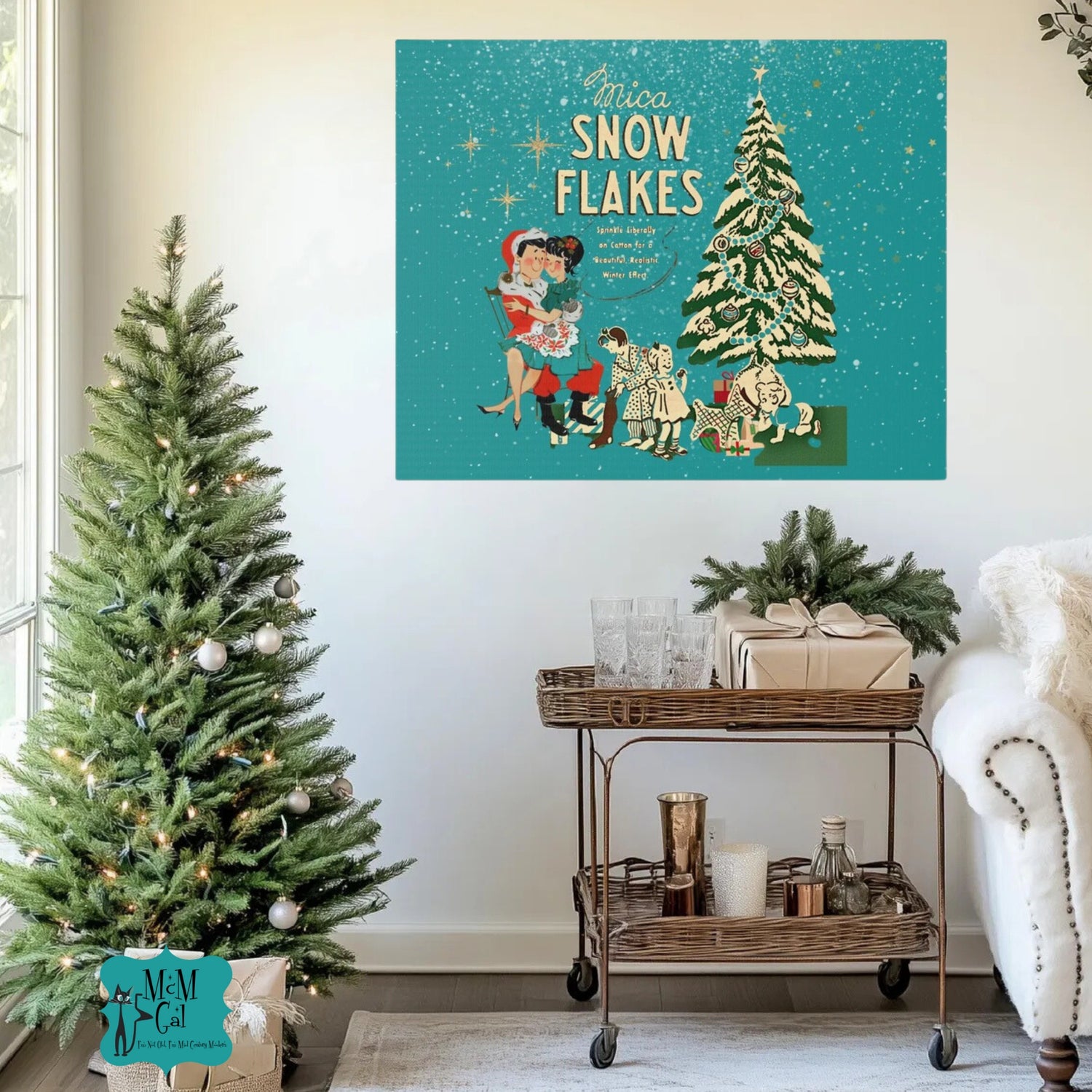 Mid Century Modern Kitschy Christmas Mantel Wall Art, Teal Blue, Mica Snow 50s Mod Couple Christmas Scene Canvas Art - Mid Century Modern Gal