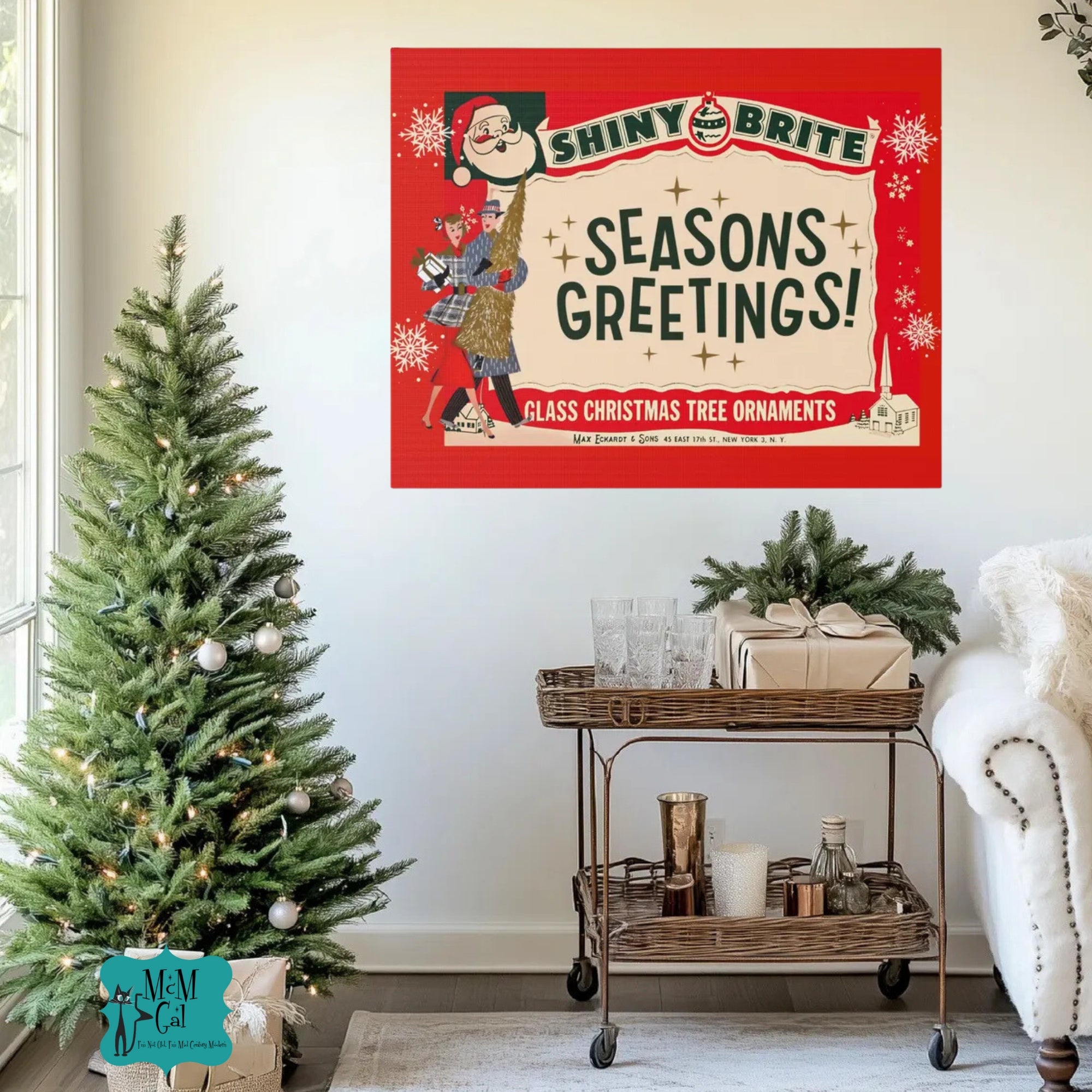 Shiny Brite Vintage Ad, Mid Century Modern Kitschy Christmas Deocr Matte Canvas - Mid Century Modern Gal