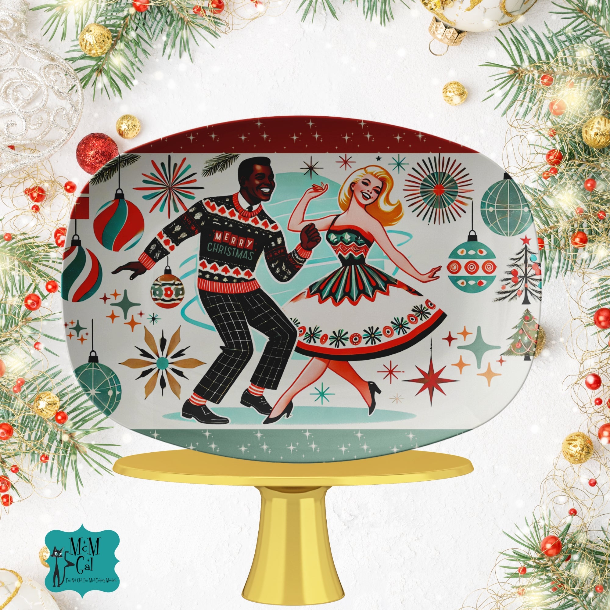 Mid Mod Retro 50s Kitsch Mixed Race Couple Christmas Platter - Mid Century Modern Gal