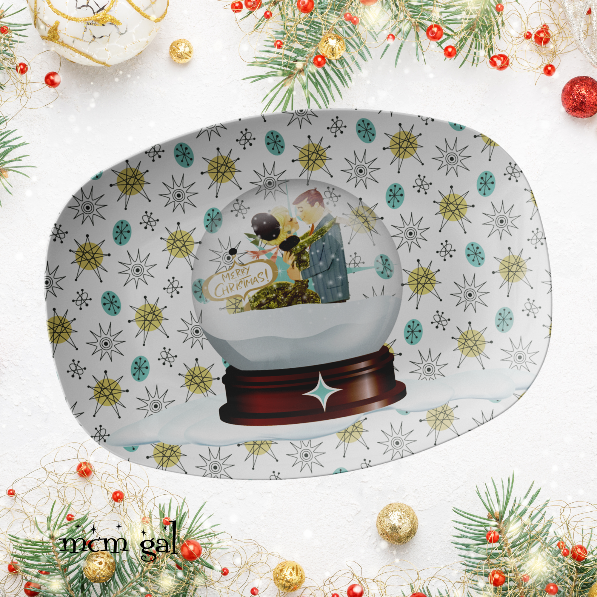 Mid Century Modern Christmas Platter, Franciscan Starburst, Kitschy Gifts, Snowglobe Mod Couple Gifts - Mid Century Modern Gal