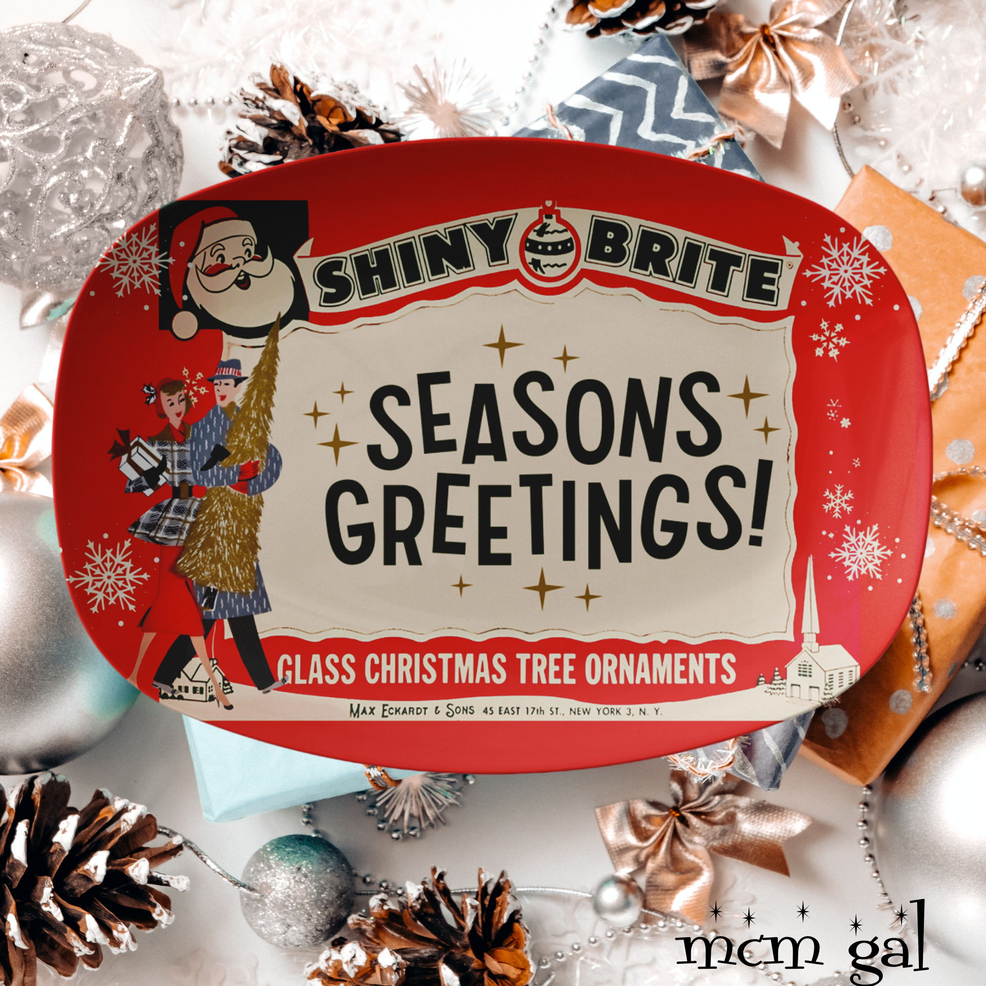 Shiny Brite Vintage Ad, Mid Century Modern Kitschy 50s Couple Christmas Gift Platter - Mid Century Modern Gal