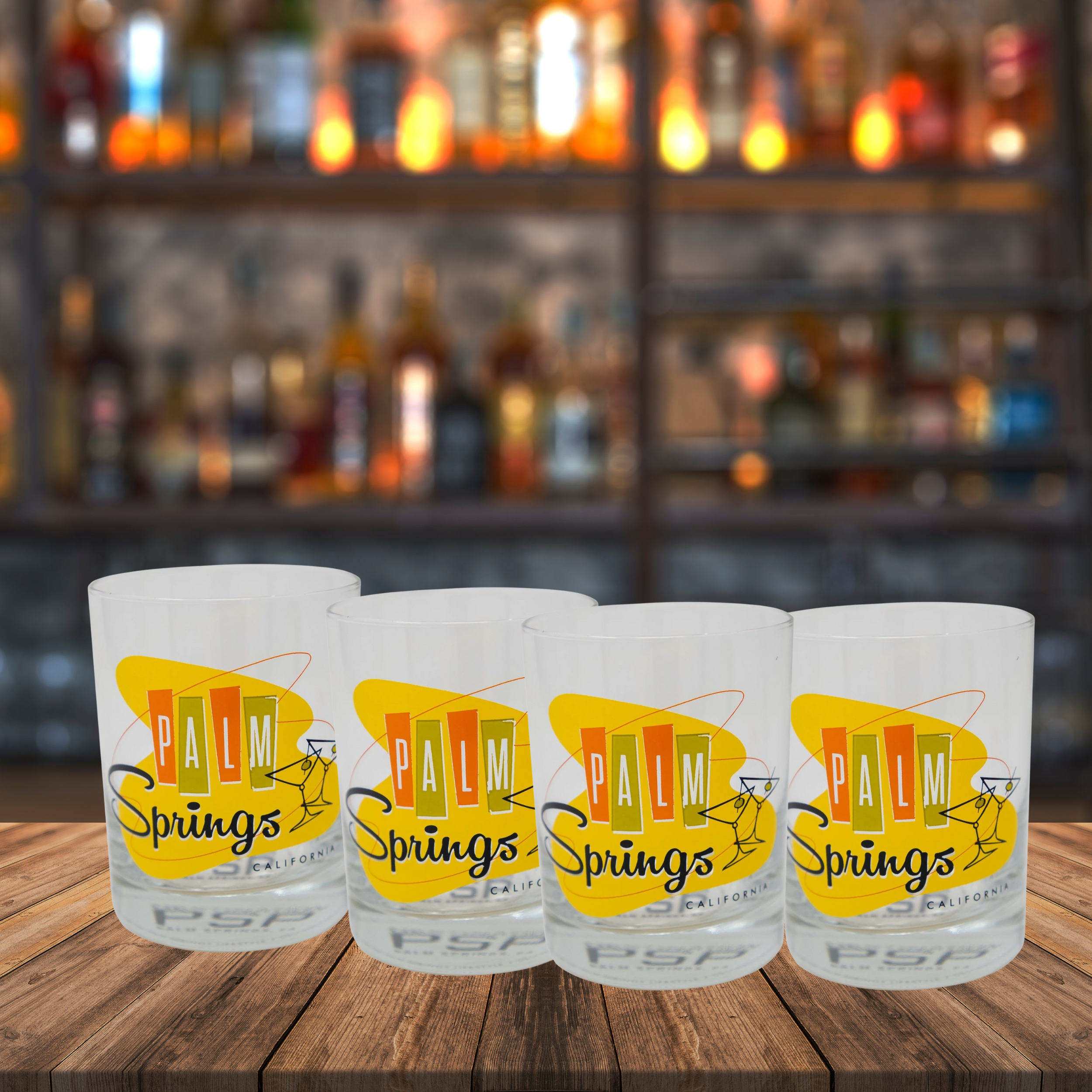 Mid Century Modern Barware Glasses, Palm Springs Cali Old Fashioned Glass Set of 4 - Palm Springs Martini - Orange Yellow - Mid Century Modern Gal