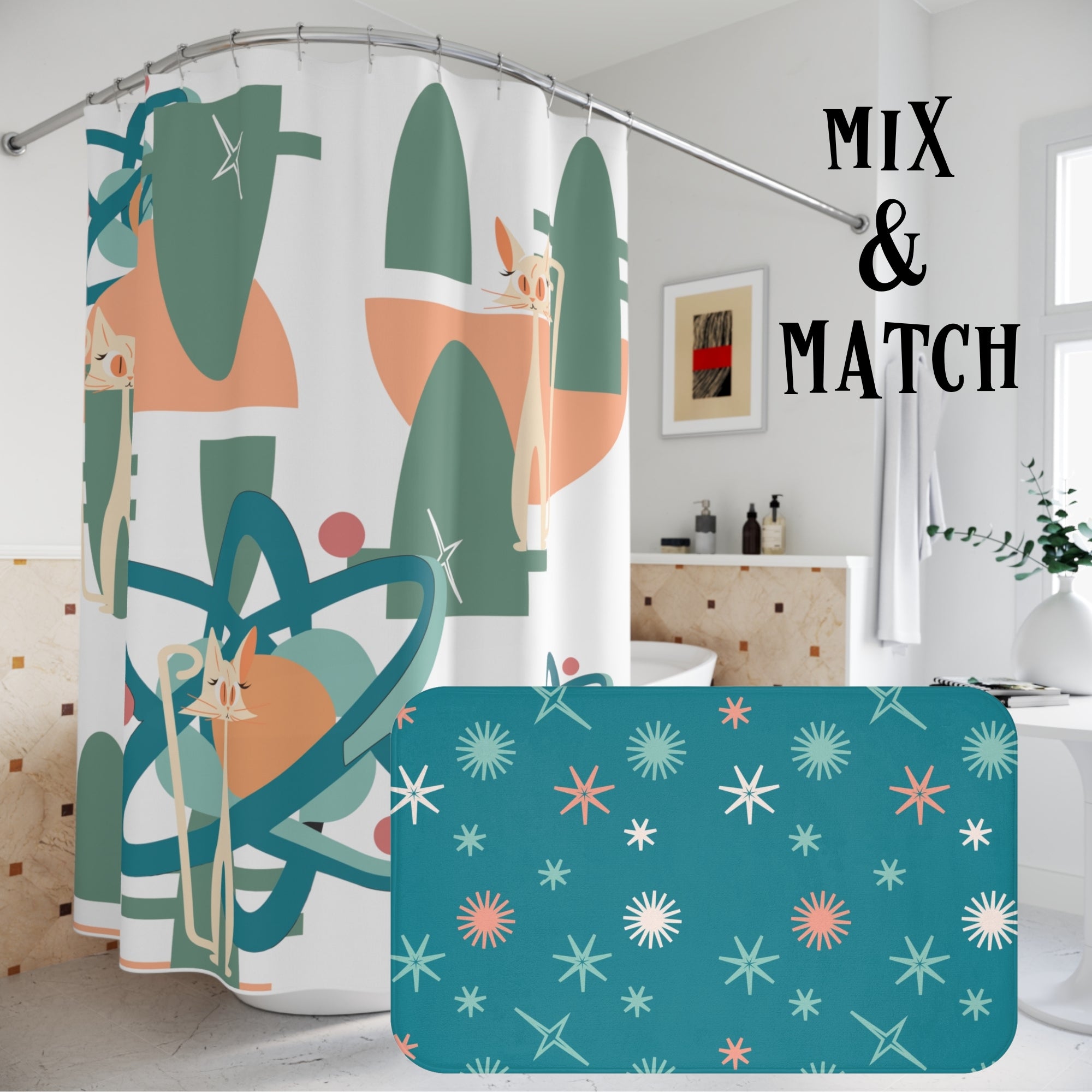 Atomic Cat, Space Kitties, Orange Tabby Cat, Mid Century Modern Shower Curtain - Mid Century Modern Gal