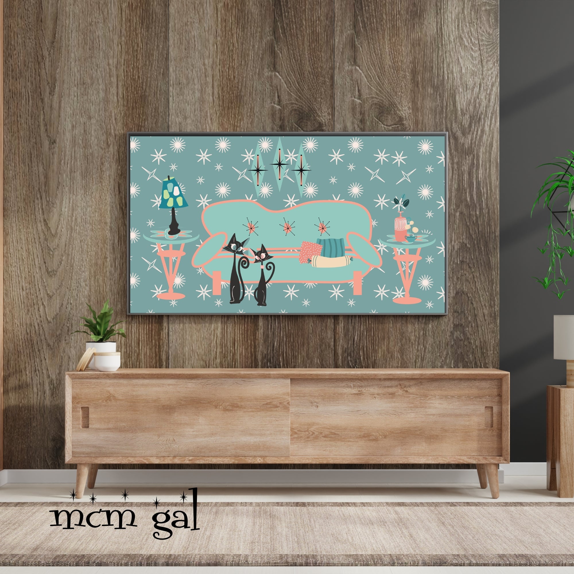Atomic Cats, Cozy Livingroom Scene, Aqua, Coral Color Samsung Frame TV Art Instant Download - Mid Century Modern Gal