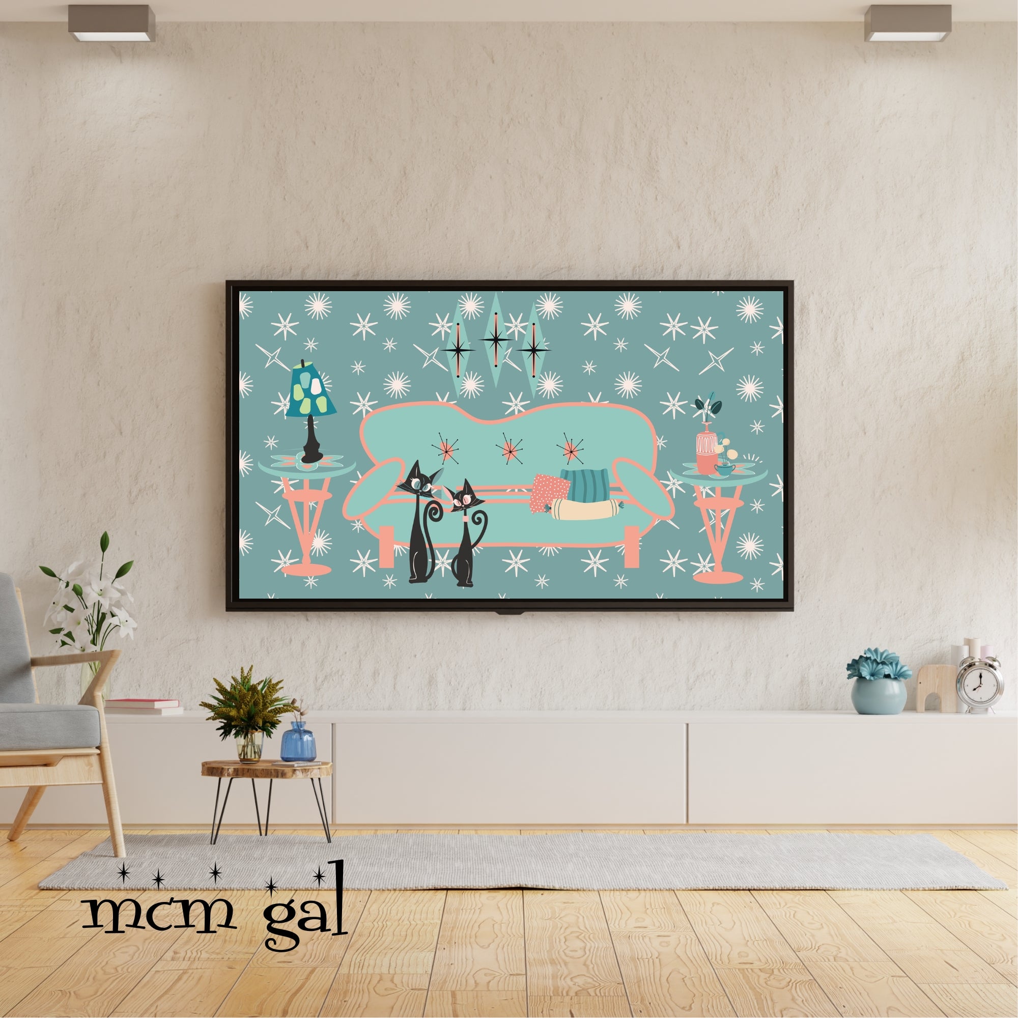 Atomic Cats, Cozy Livingroom Scene, Aqua, Coral Color Samsung Frame TV Art Instant Download - Mid Century Modern Gal