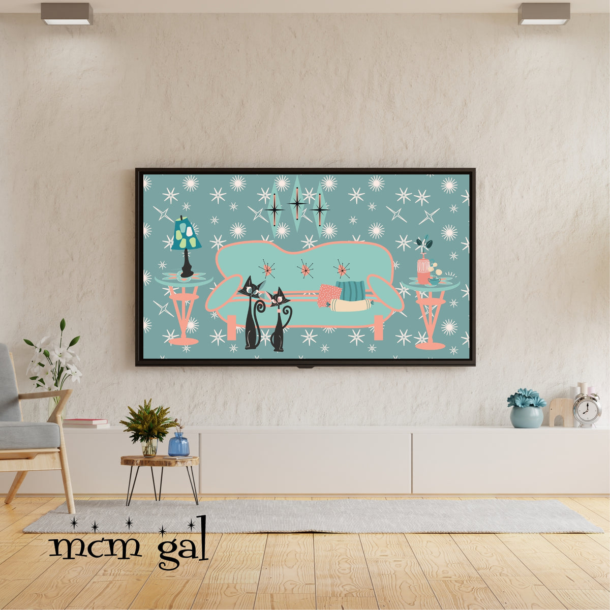 Atomic Cats, Cozy Livingroom Scene, Aqua, Coral Color Samsung Frame TV Art Instant Download - Mid Century Modern Gal