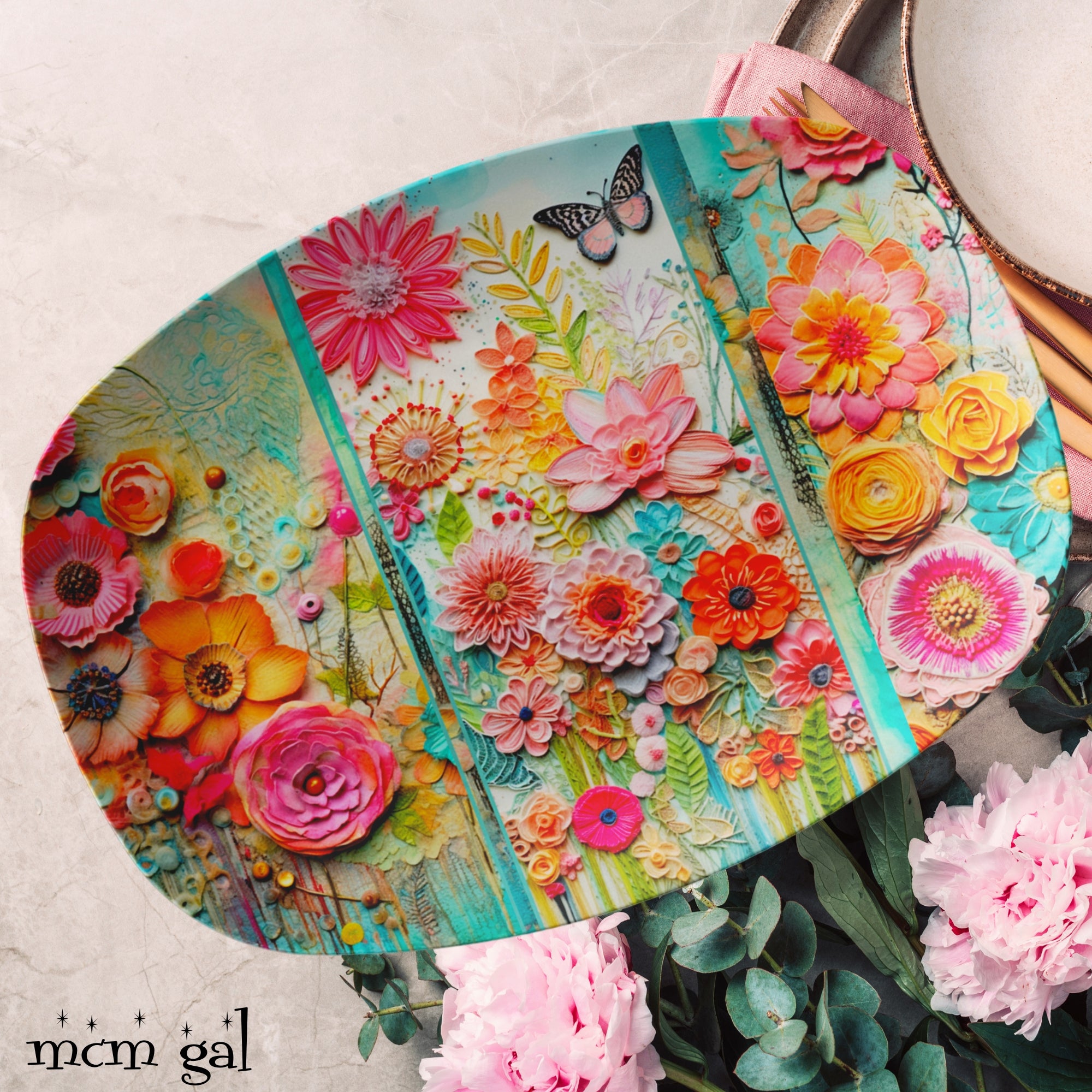 Bohemian Floral Party Platter, Botanical Flowers, Spring, Summer Retro Modern Tableware - Mid Century Modern Gal