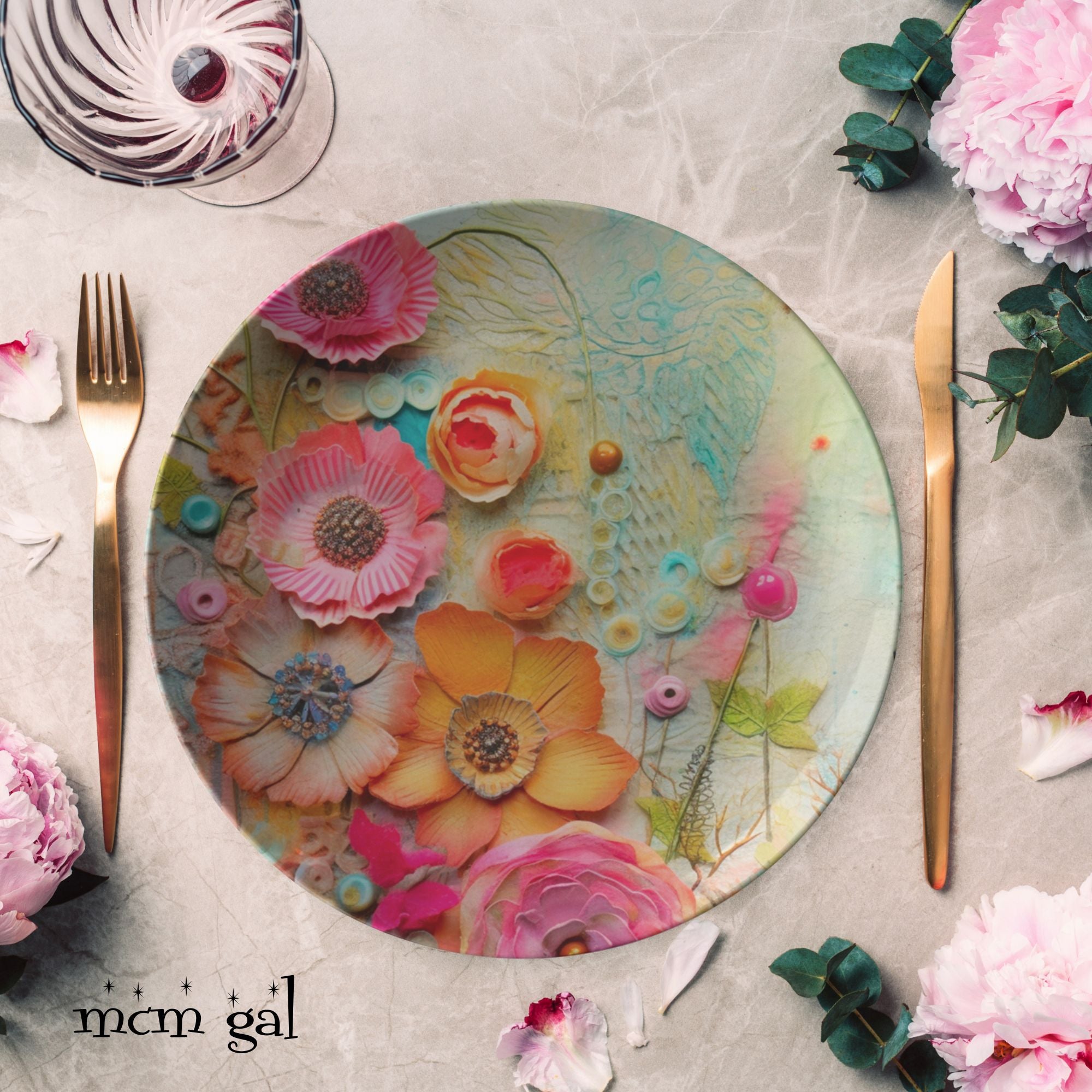Boho Dinner Plates, Pressed Faux Flowers, Retro Bohemian Hippie Style Dinnerware - Mid Century Modern Gal