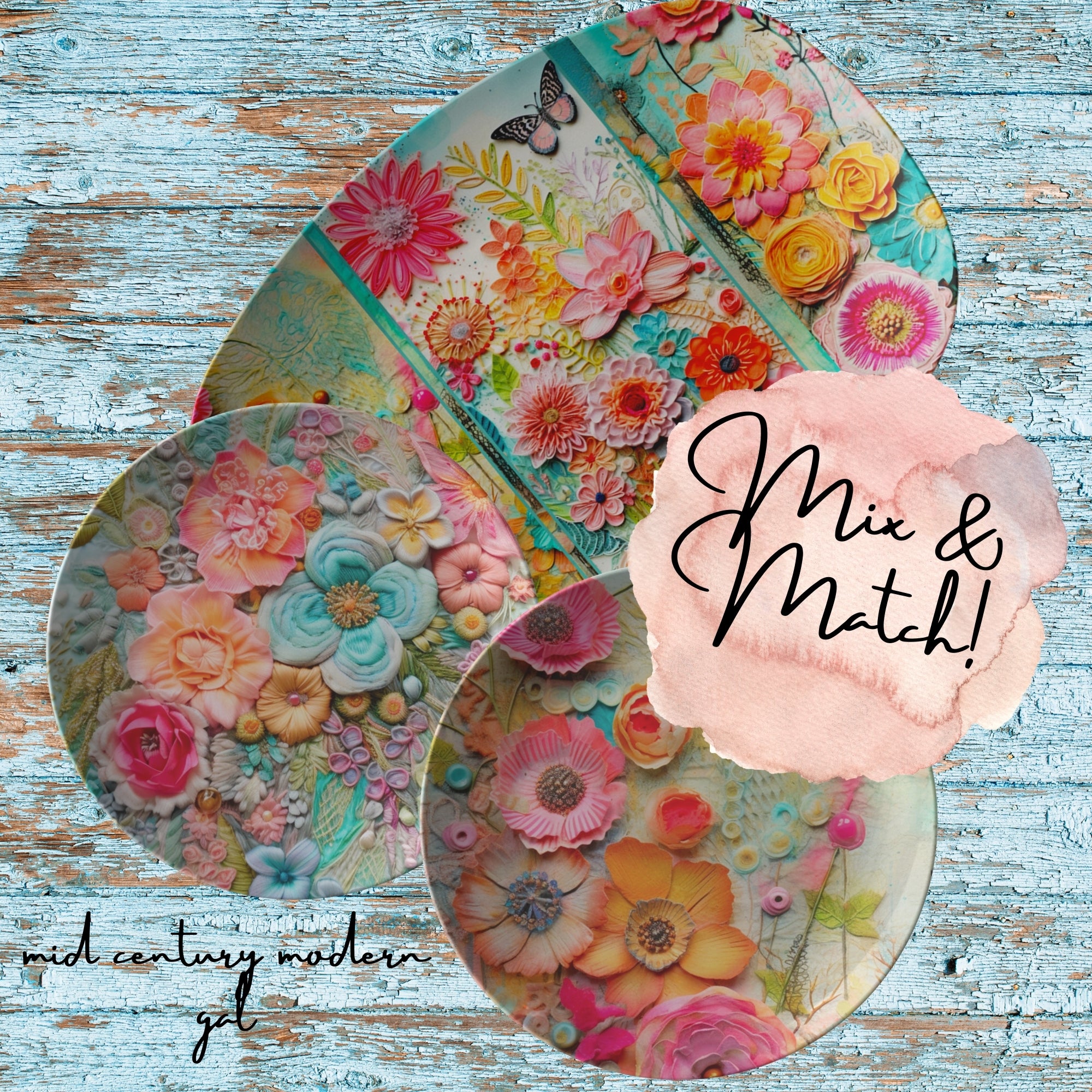 Boho Dinner Plates, Pressed Faux Flowers, Retro Bohemian Hippie Style Dinnerware - Mid Century Modern Gal