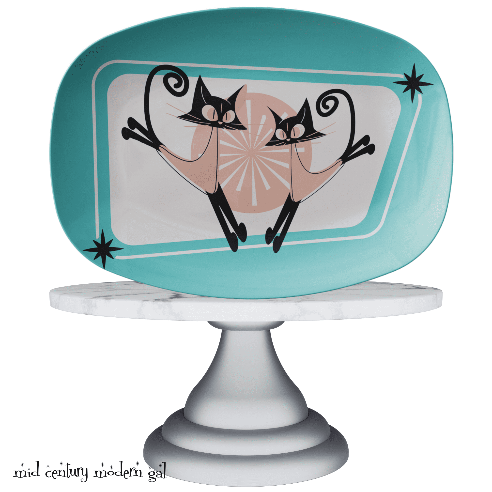 Mid Century Modern Party Platter With Atomic Kitties, Kitschy Retro Dining Plates - Mid Century Modern Gal