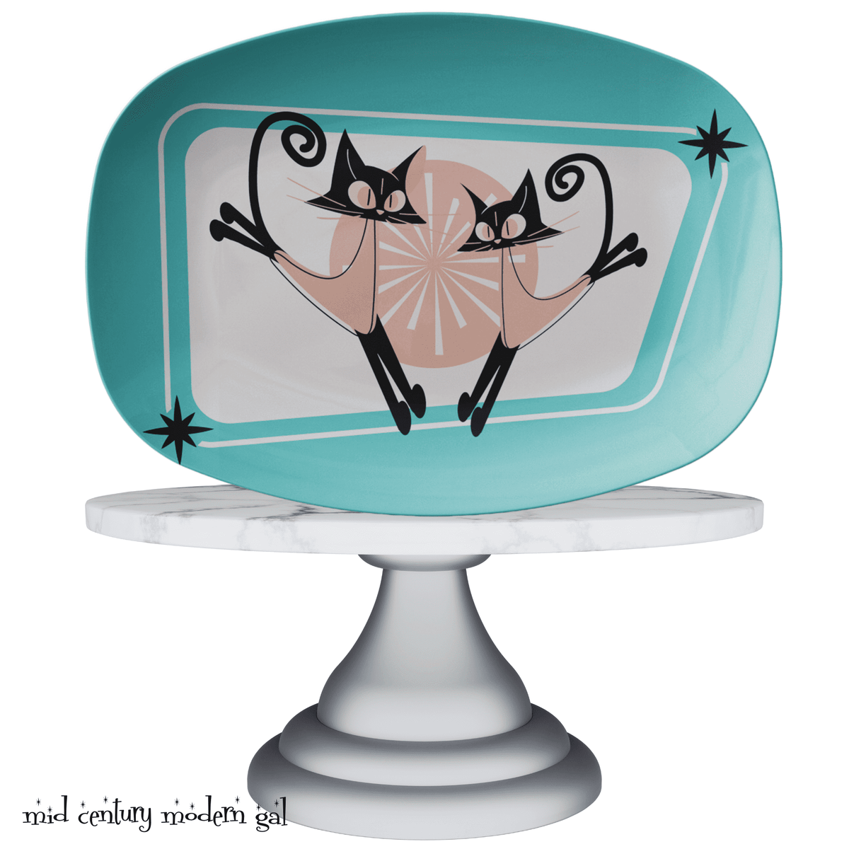 Mid Century Modern Party Platter With Atomic Kitties, Kitschy Retro Dining Plates - Mid Century Modern Gal