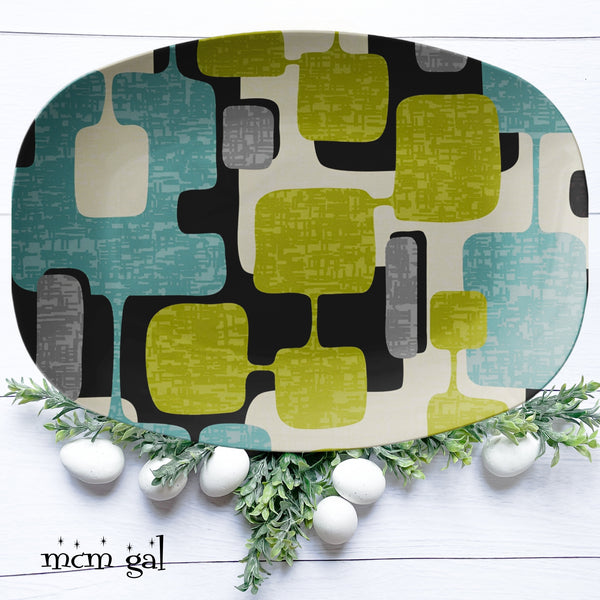 Mid Century Modern Party Platter, Geometric Aqua, Green, Charcoal Black, Gray MCM Dinnerware