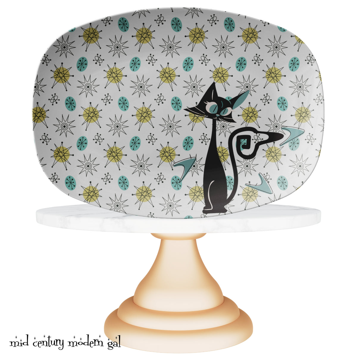 Mid Century Modern Atomic Franciscan Starburst Dish Pattern Party Platter With Atomic Kitschy Cat - Mid Century Modern Gal