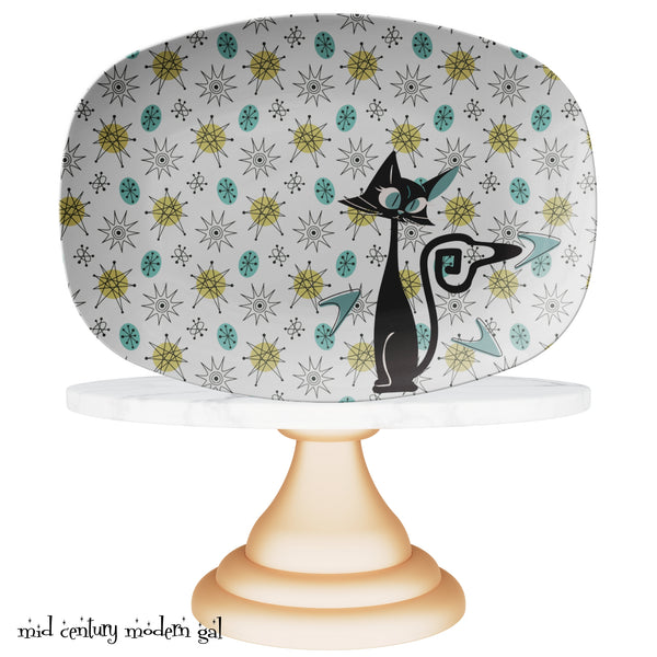 Mid Century Modern Atomic Franciscan Starburst Dish Pattern Party Platter With Atomic Kitschy Cat