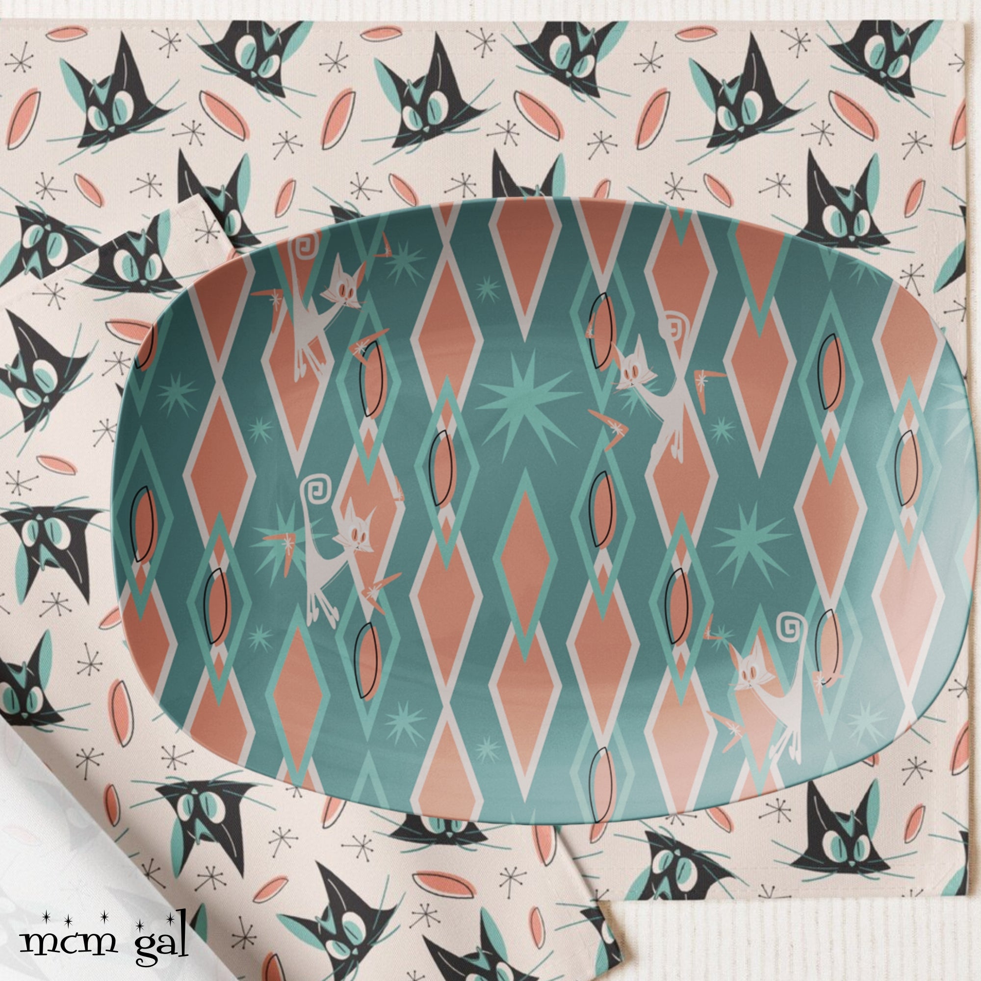 Mid Century Modern Party Platter With White Atomic Space Kitties, Diamond, Starburst Outdoor Spring, Summer Dining Decor - Mid Century Modern Gal