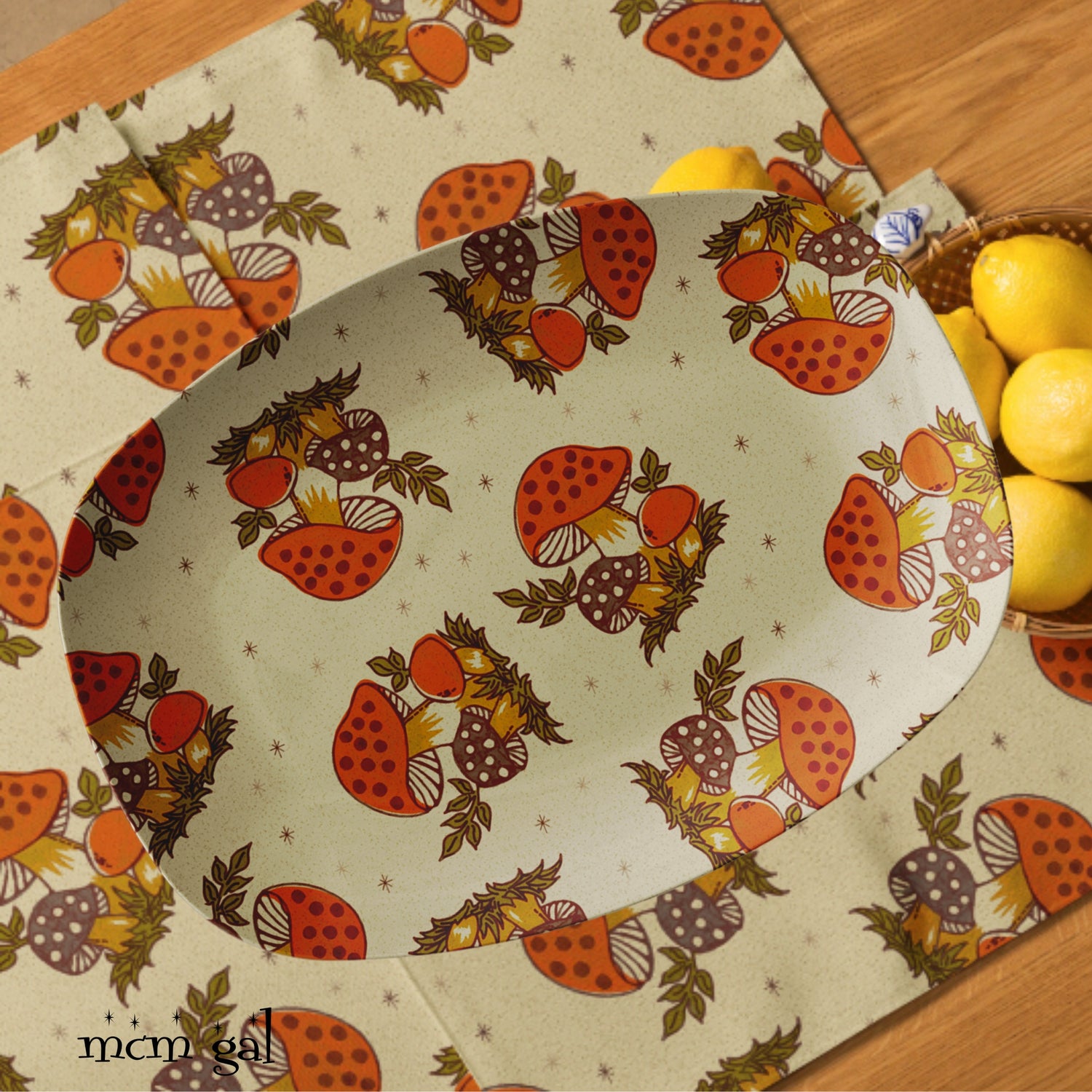 70s Mushroom Decor Retro Party Platter, Groovy Orange, Brown, 1970s Kitchen Decor - Mid Century Modern Gal