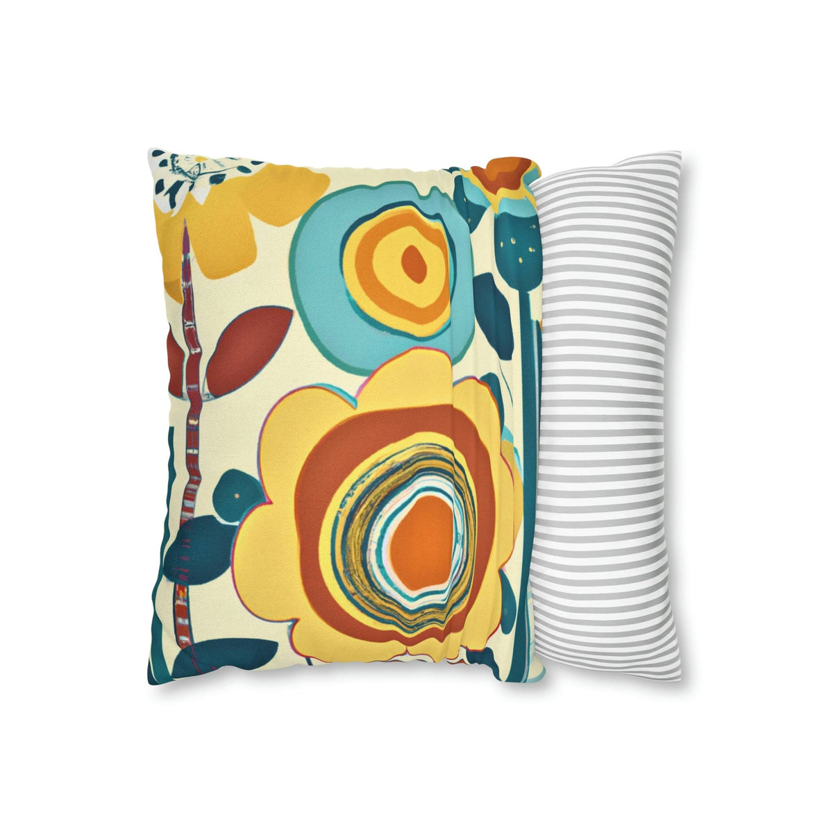 Modern Scandinavian, Floral, Folk Art, Turquoise, Yellow, Rust, Retro Pillow Case Home Decor