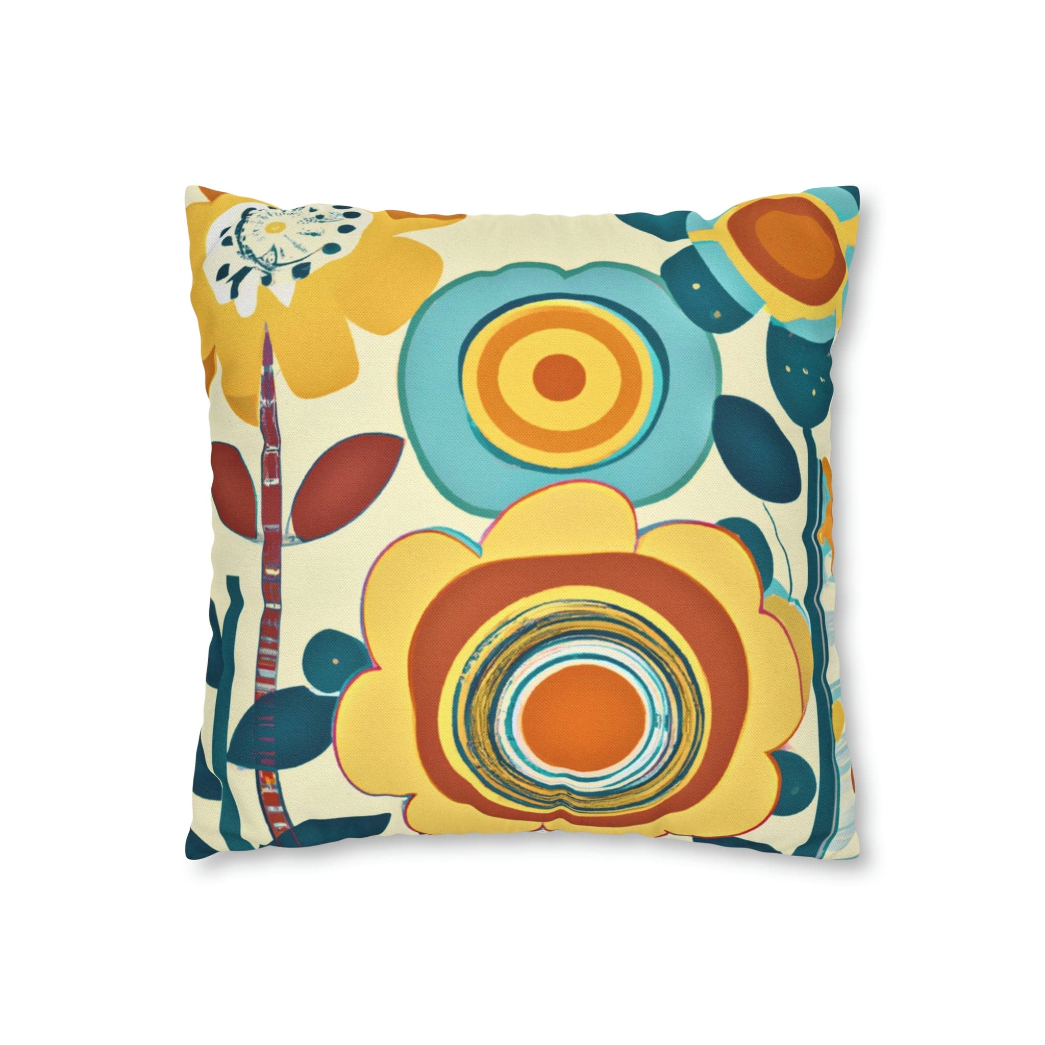 Modern Scandinavian, Floral, Folk Art, Turquoise, Yellow, Rust, Retro Pillow Case Home Decor