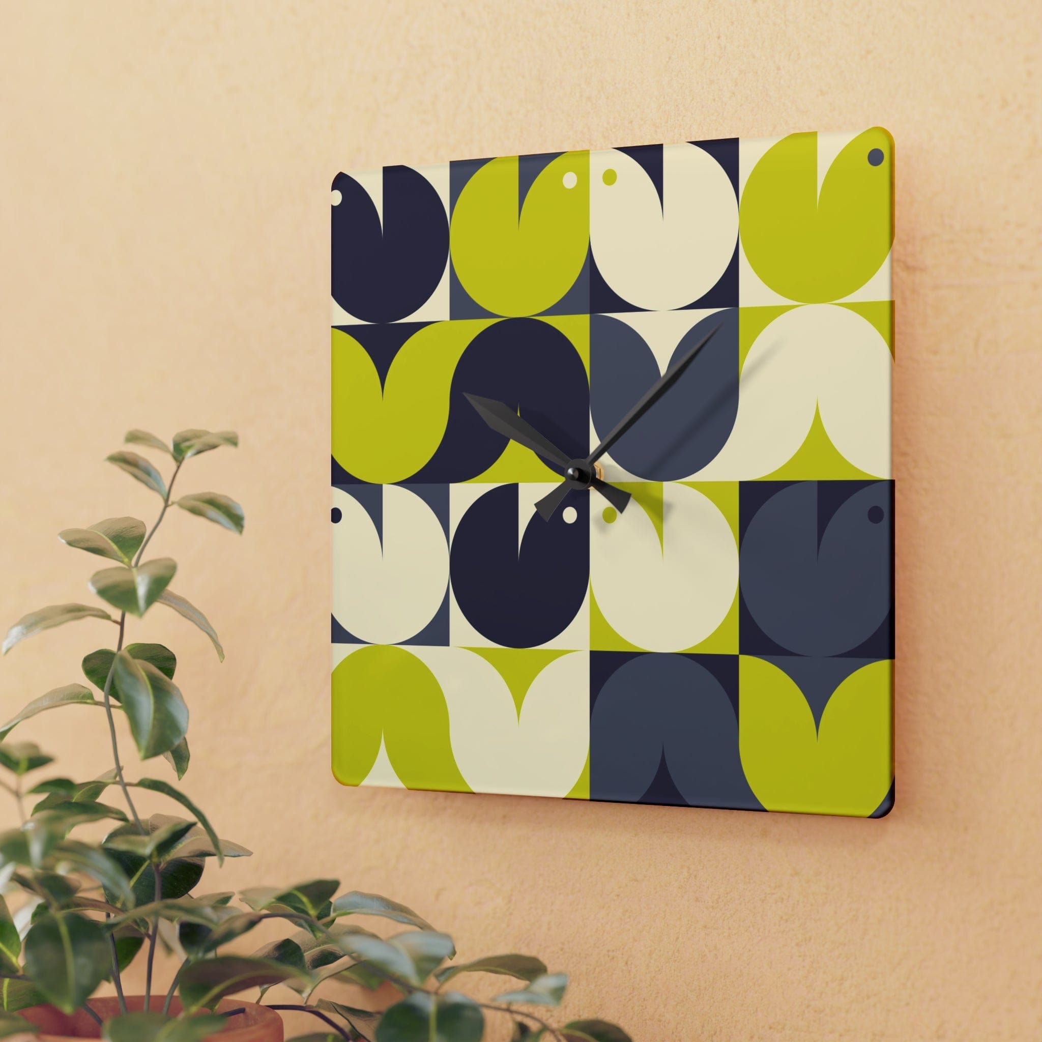 Modern Scandinavian, Geometric Birds, Green, Gray Retro MCM Acrylic Wall Clock Home Decor