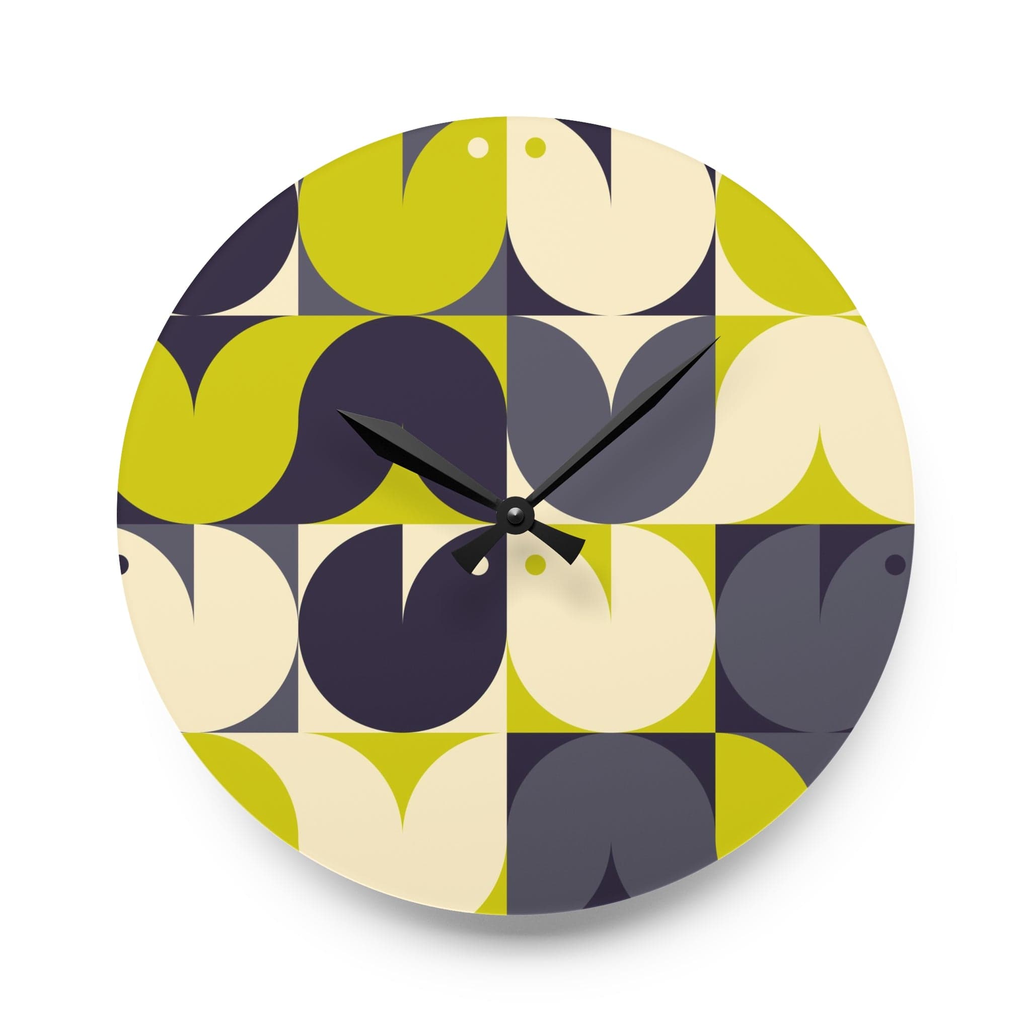 Modern Scandinavian, Geometric Birds, Green, Gray Retro MCM Acrylic Wall Clock Home Decor