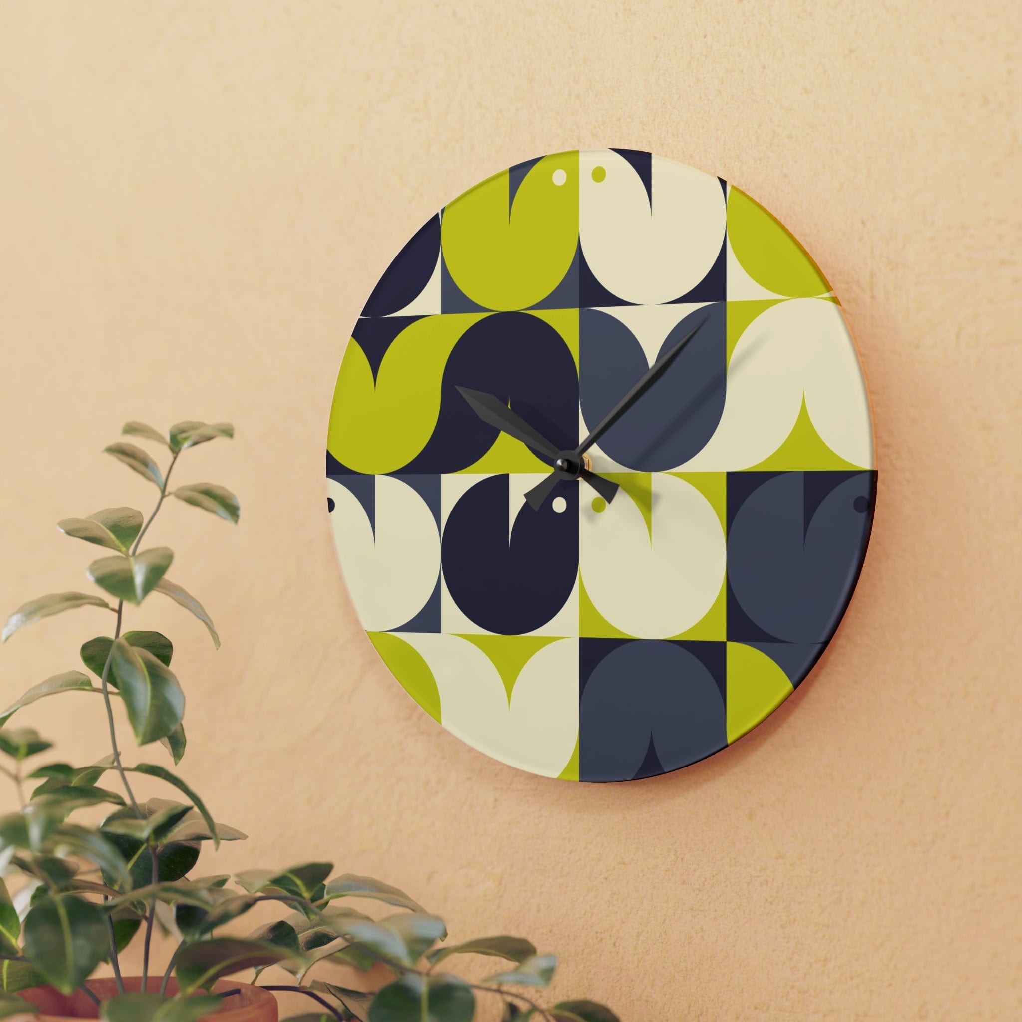 Modern Scandinavian, Geometric Birds, Green, Gray Retro MCM Acrylic Wall Clock Home Decor