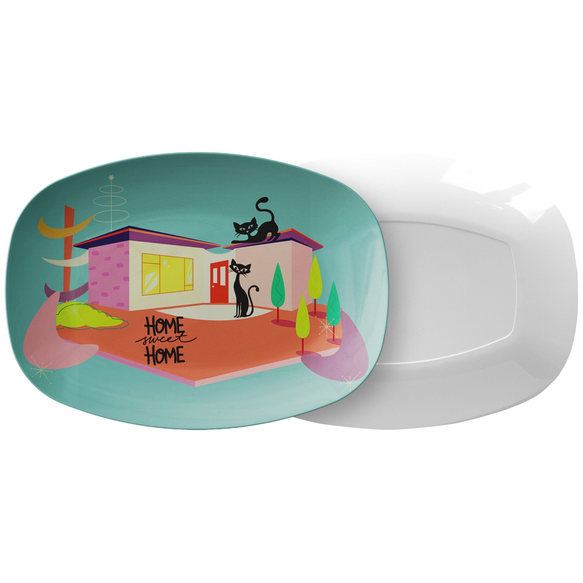 New Home Housewarming Gift, Mid Century Modern Dinnerware, Atomic Kitschy Cats, Home Sweet Home Retro Party Platter Kitchenware