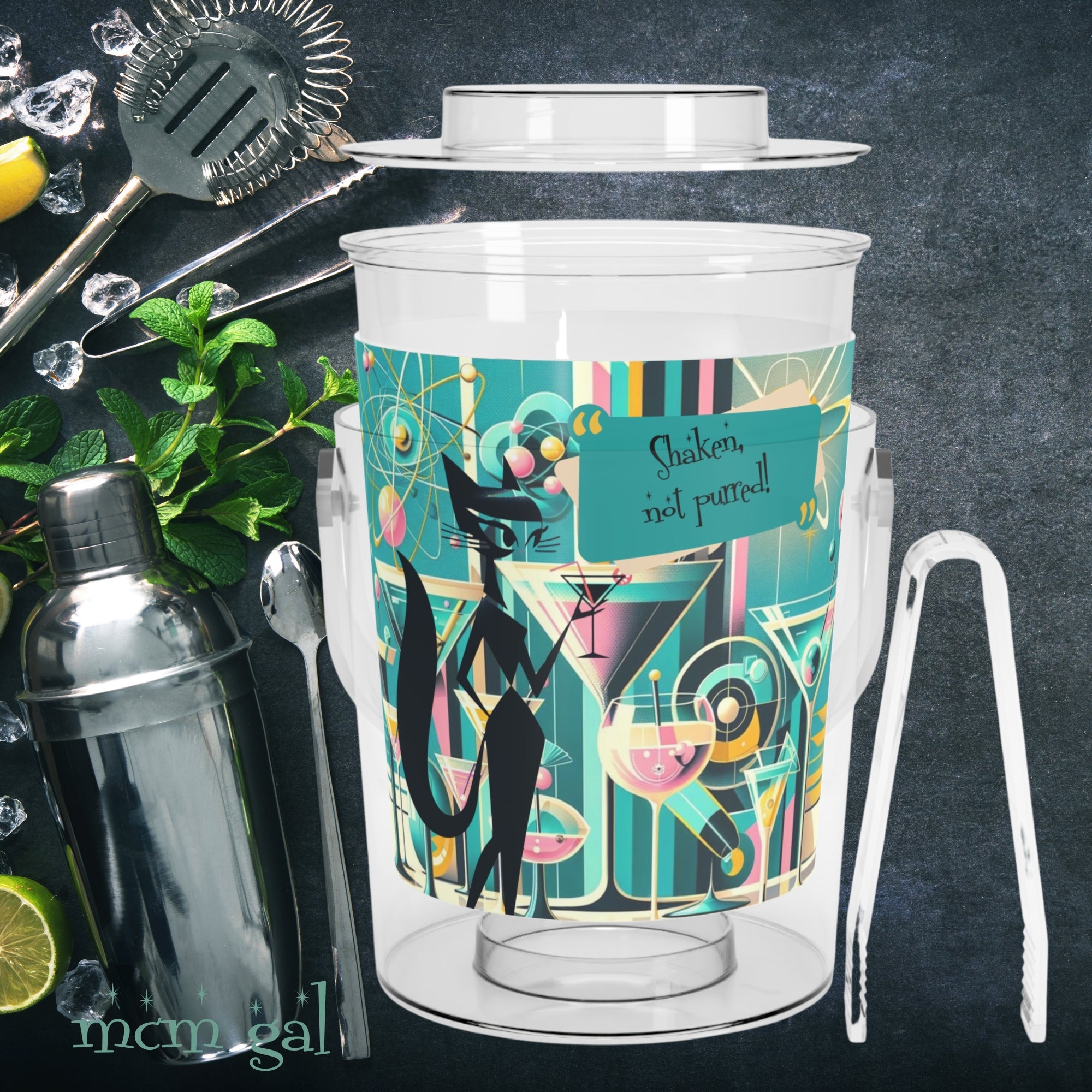 Atomic Sexy Black Cat, Shaken Not Purred, Mid Century Modern Atomic 50s Cocktail Barware MCM Ice Bucket with Tongs - Mid Century Modern Gal