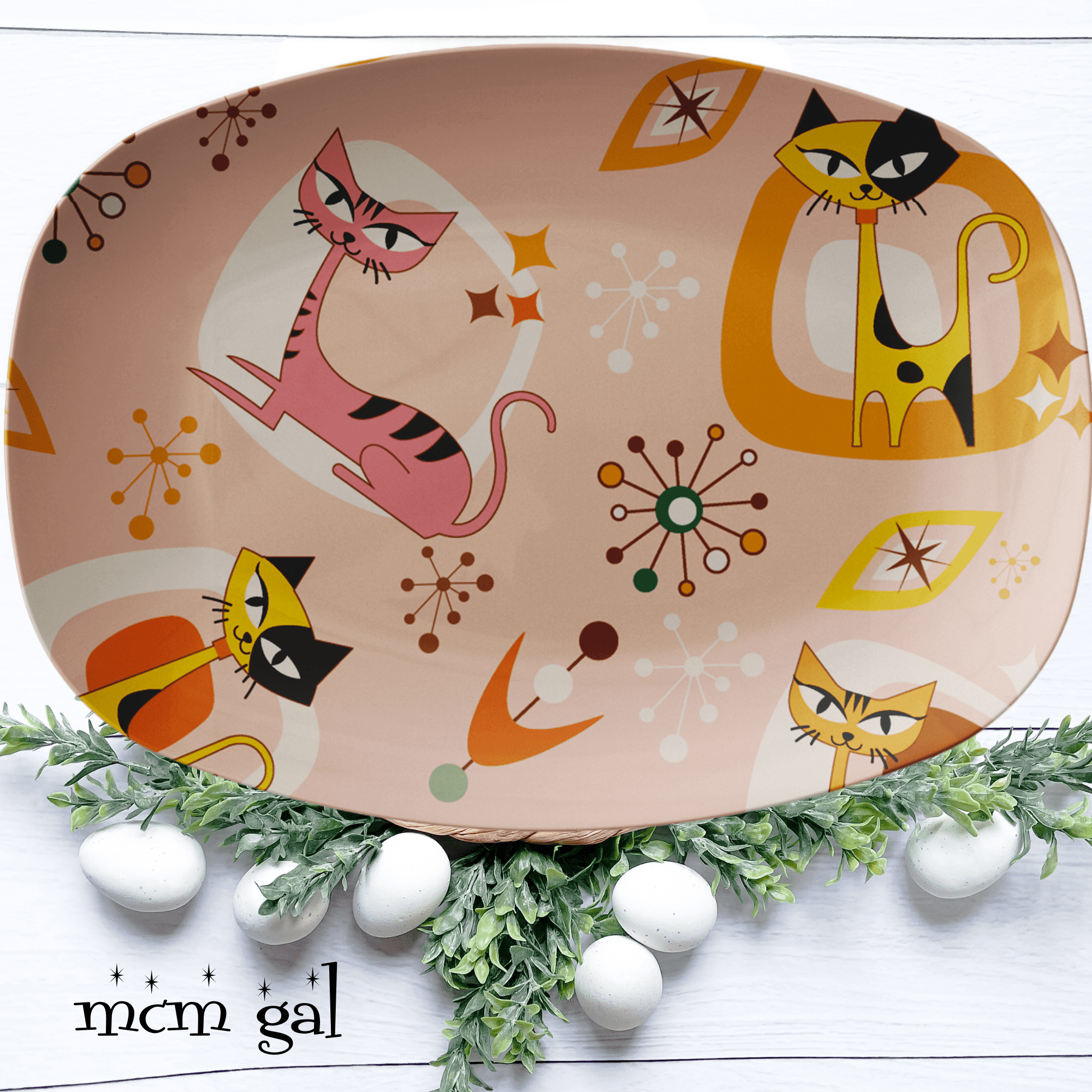 Atomic Cat Mid Century Modern Party Platter, Outdoor Patio Dinnerware, 50s Kitsch, Geometric Pink, Starburst MCM Table Tray - Mid Century Modern Gal