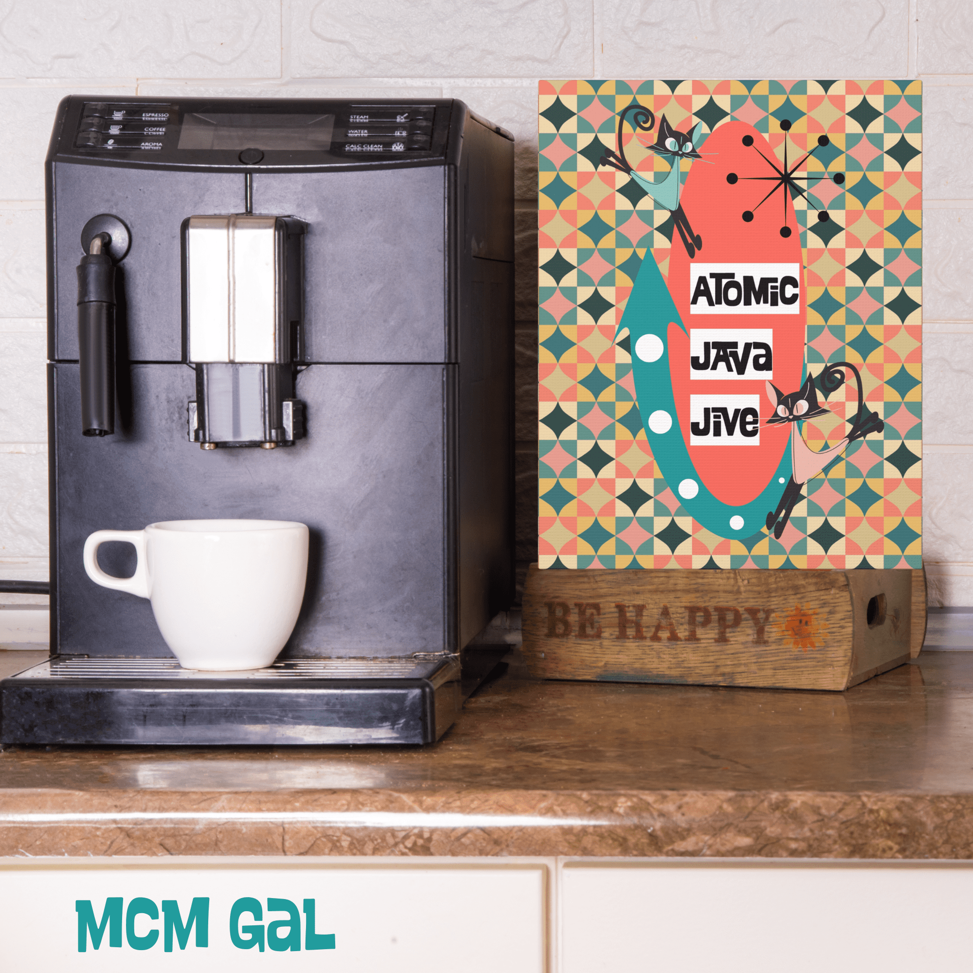 Mid Century Modern Coffee Bar, Coffee Nook, Kitschy 50s Wall Art, Atomic Java Jive Coffee Lover Art - Mid Century Modern Gal