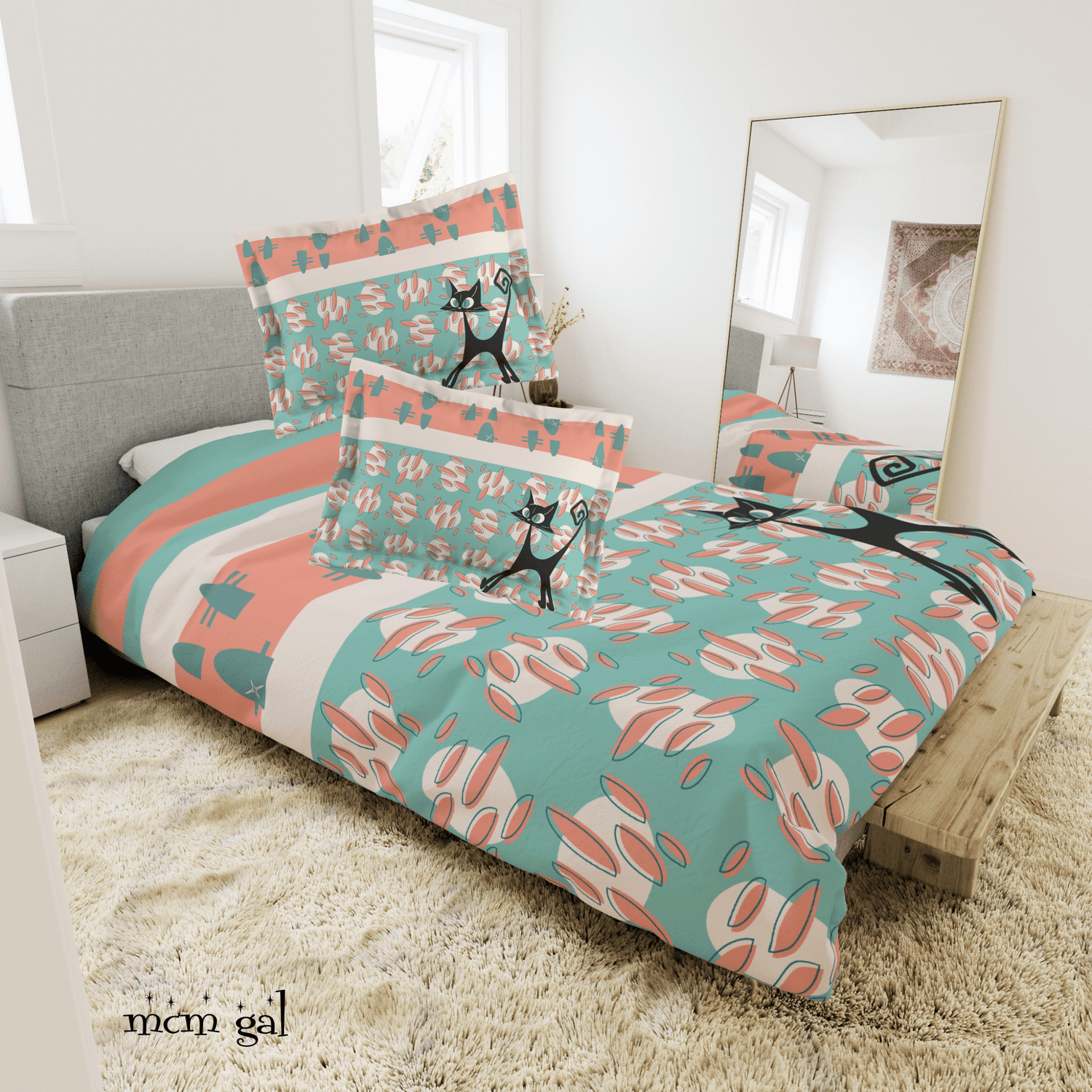 50s Nostalgic Atomic Cat Mid Century Modern Aqua, Coral Pink Peach, Kitschy Mid Century Modern  Duvet Cover - Mid Century Modern Gal