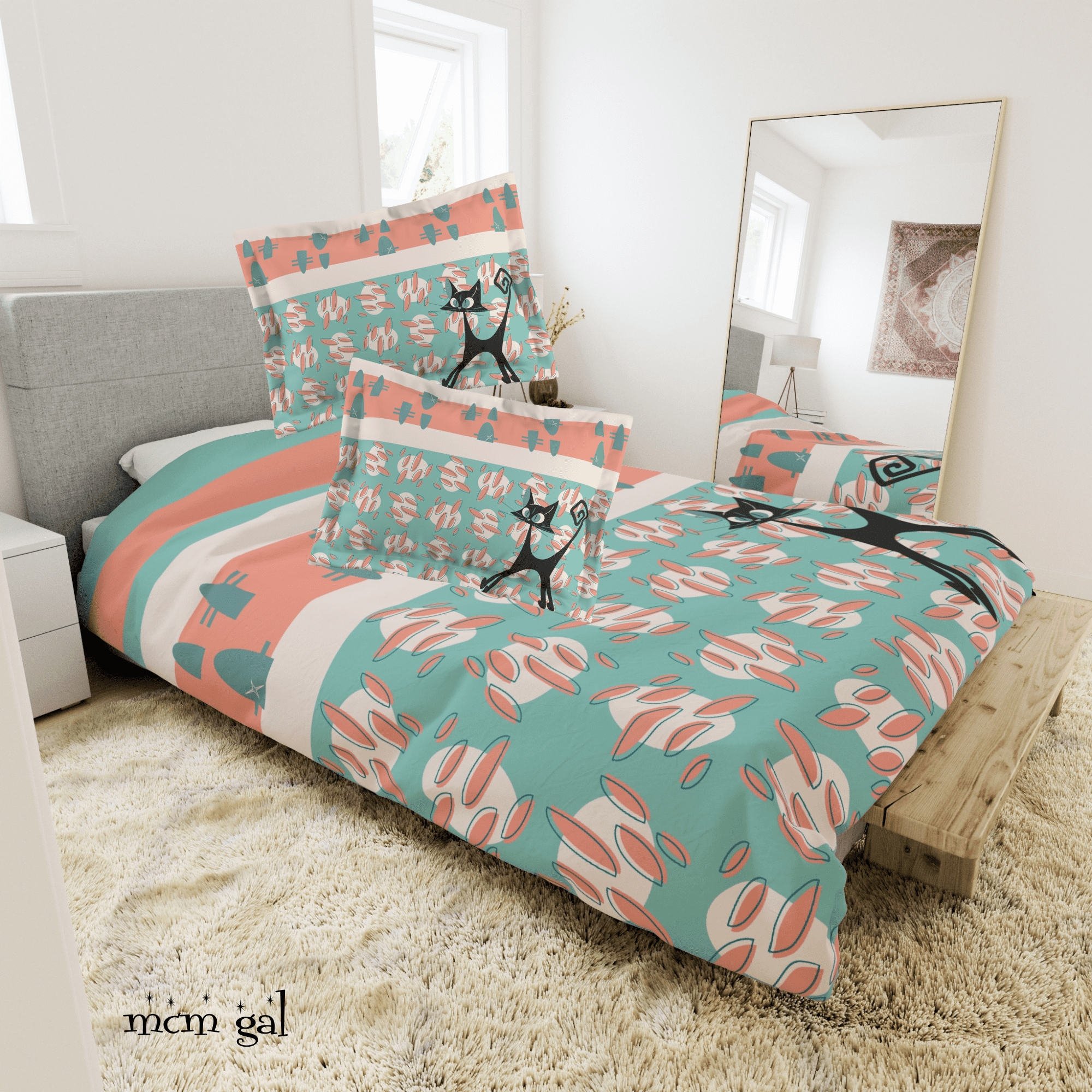 50s Nostalgic Atomic Cat Mid Century Modern Aqua, Coral Pink Peach, Kitschy Mid Century Modern Duvet Cover - Mid Century Modern Gal