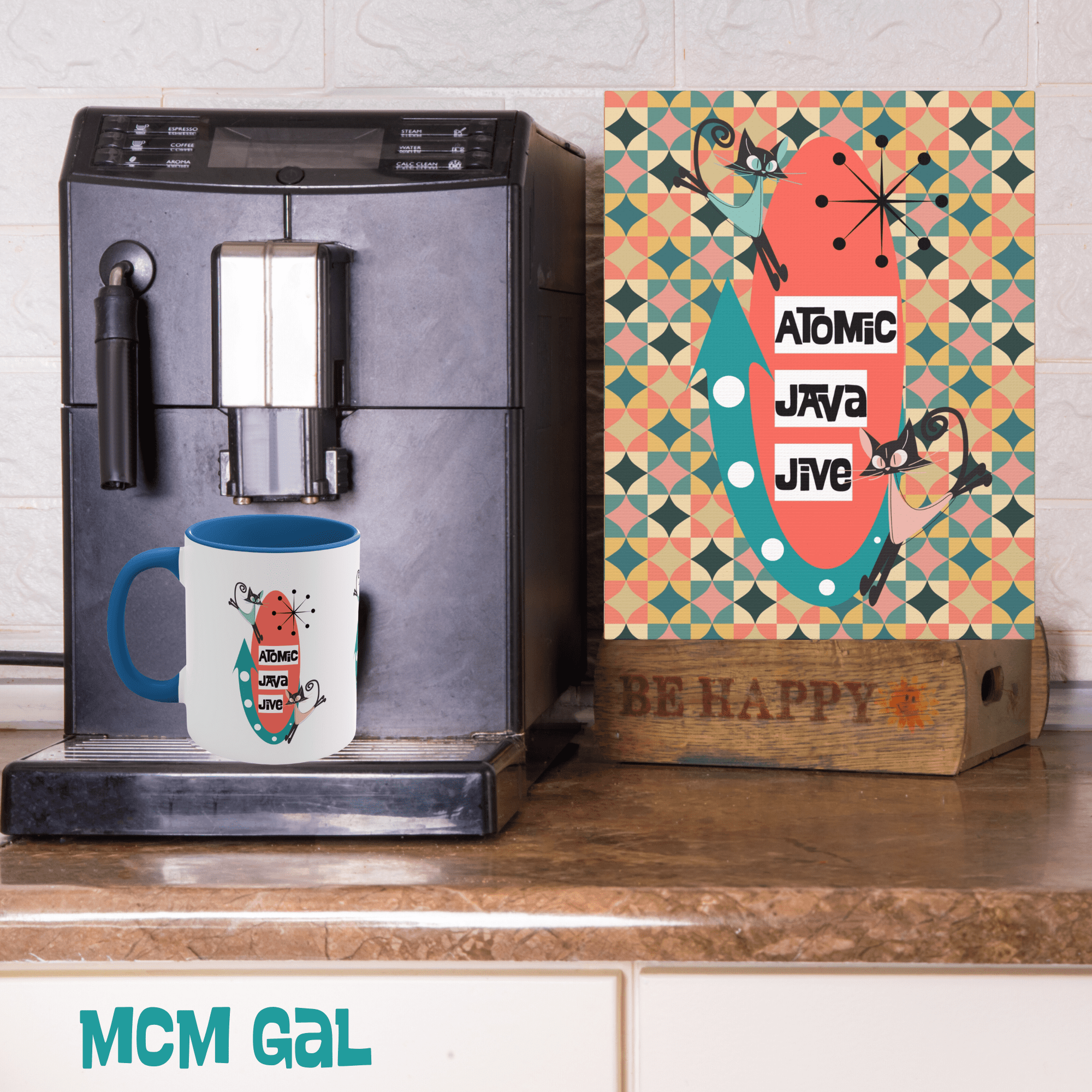 Mid Century Modern Coffee Bar, Coffee Nook, Kitschy 50s Wall Art, Atomic Java Jive Coffee Lover Art - Mid Century Modern Gal